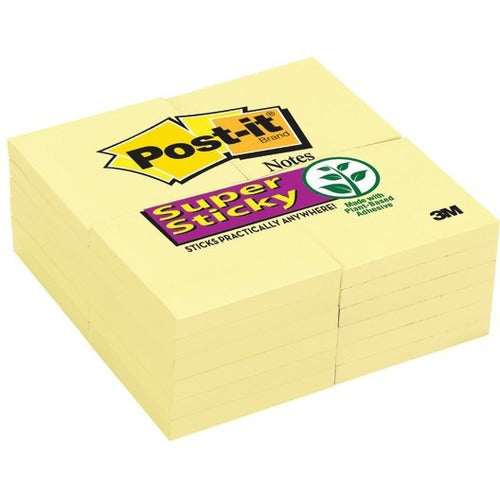 3" Flag/Note Width x 3" Flag/Note Length - Square - Canary Yellow - Paper - Super Sticky, Adhesive, Removable, Recyclable, Reusable - 24 Pad