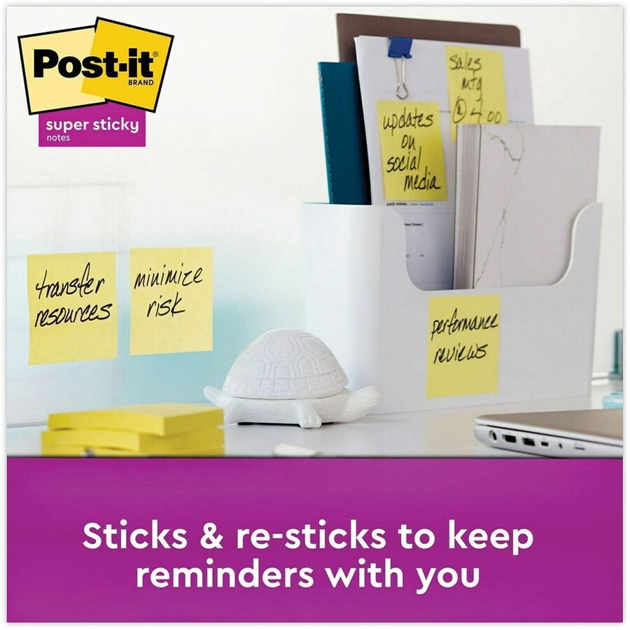 3" Flag/Note Width x 3" Flag/Note Length - Square - Canary Yellow - Paper - Super Sticky, Adhesive, Removable, Recyclable, Reusable - 24 Pad