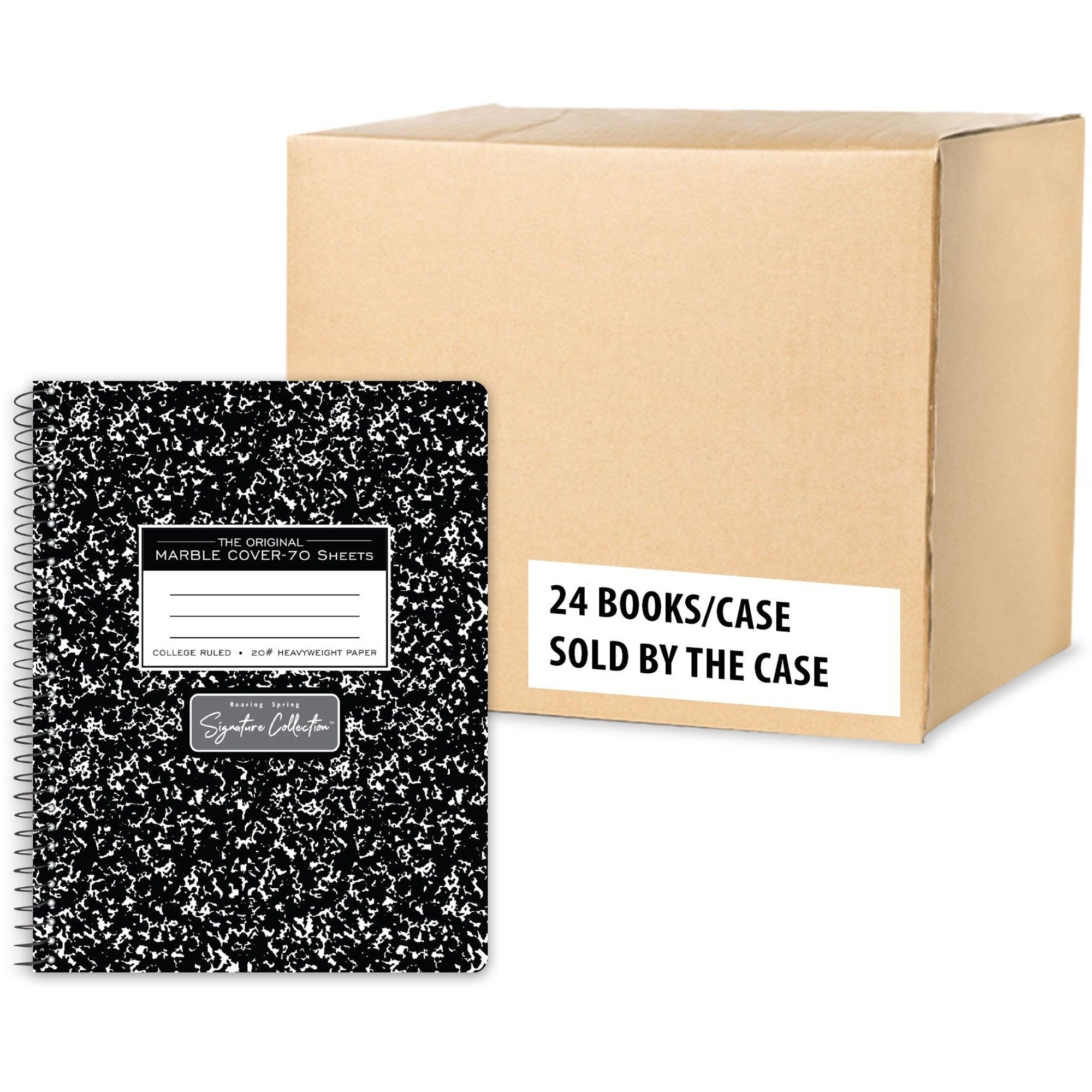 Roaring Spring Wirebound Composition Book, 70 Sheets, 140 Pages, College Ruled, 7.5" x 9.75", Black Marble Cover, Spiral Bound, Perforated, Heavyweight, Snag Proof, 24 per Carton