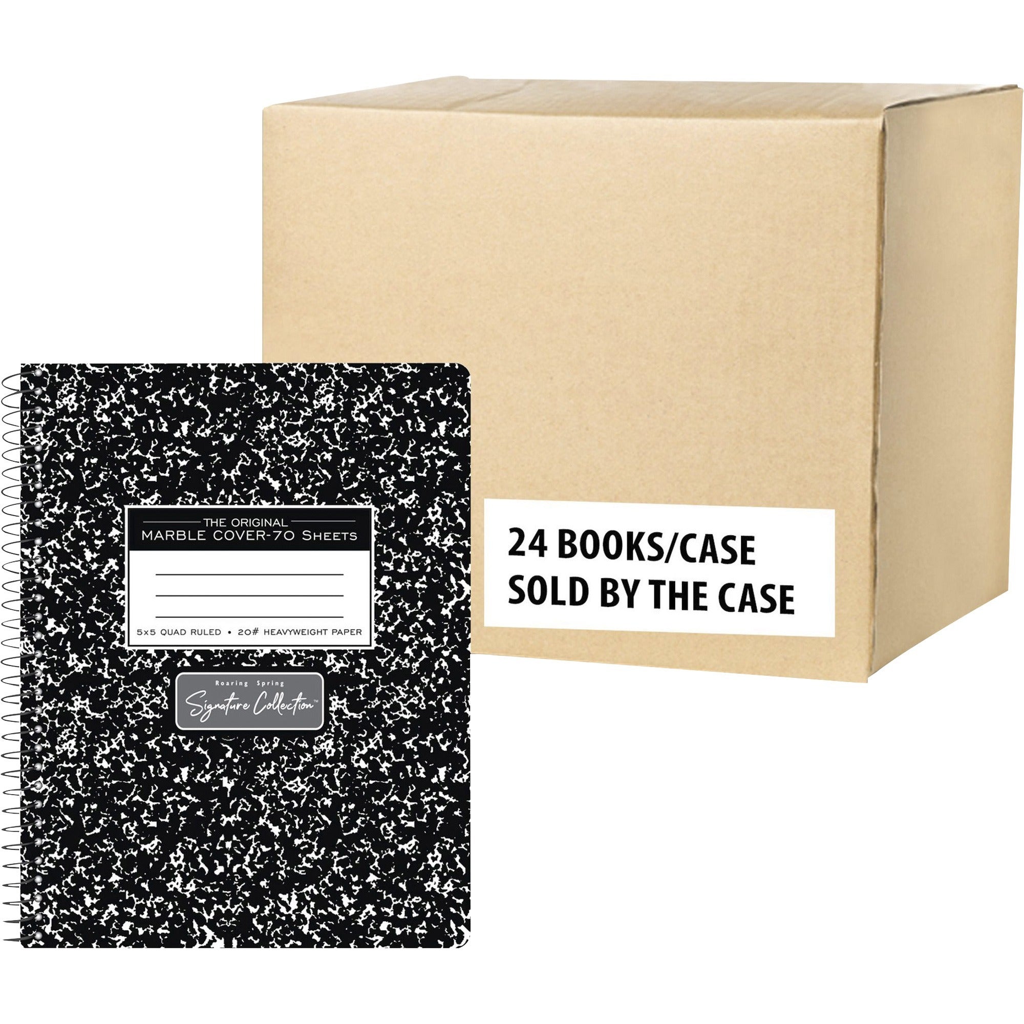 Roaring Spring Wirebound Composition Book, 70 Sheets, 140 Pages, Quad Ruled, 7.5" x 9.75", Spiral Bound, Perforated, Heavyweight White Paper, Black Marble Clay Cover, 1 Carton