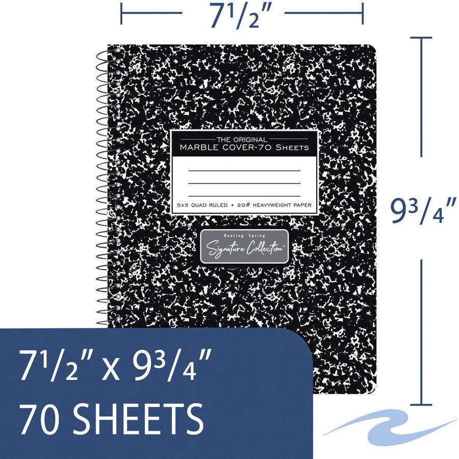 Roaring Spring Wirebound Composition Book, 70 Sheets, 140 Pages, Quad Ruled, 7.5" x 9.75", Spiral Bound, Perforated, Heavyweight White Paper, Black Marble Clay Cover, 1 Carton