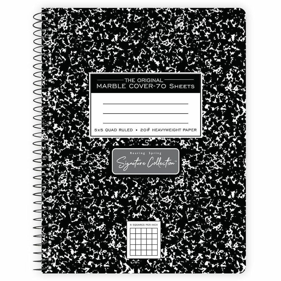 Roaring Spring Wirebound Composition Book, 70 Sheets, 140 Pages, Quad Ruled, 7.5" x 9.75", Spiral Bound, Perforated, Heavyweight White Paper, Black Marble Clay Cover, 1 Carton