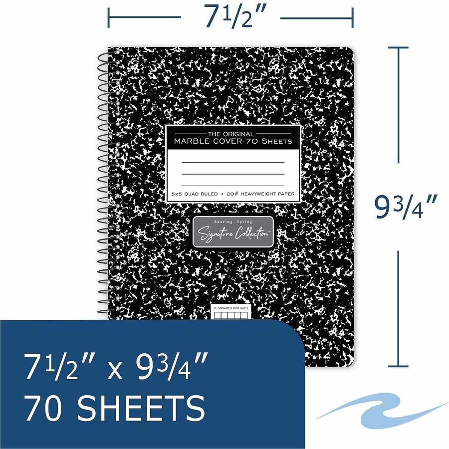 Roaring Spring Wirebound Composition Book, 70 Sheets, 140 Pages, Quad Ruled, 7.5" x 9.75", Spiral Bound, Perforated, Heavyweight White Paper, Black Marble Clay Cover, 1 Carton