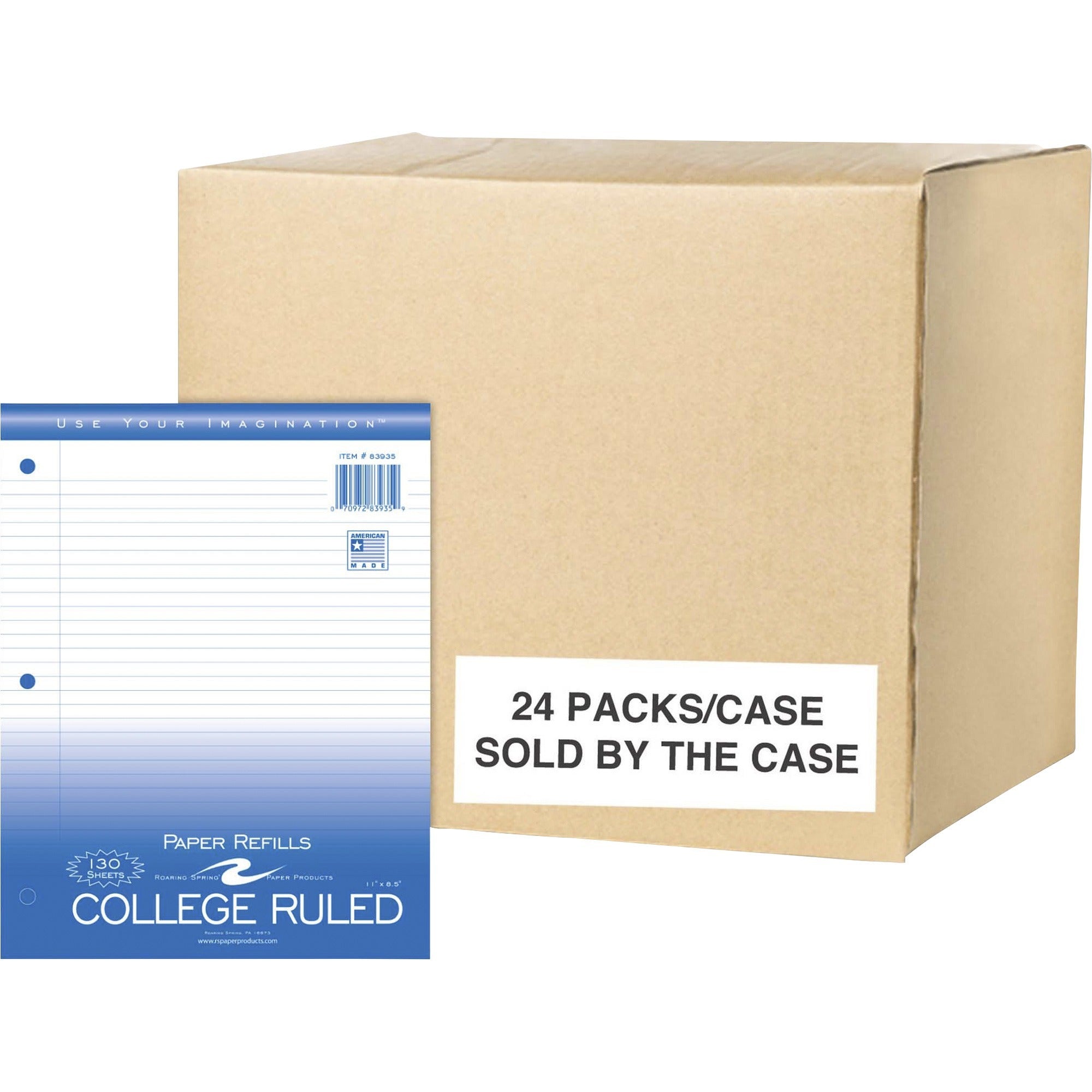 Roaring Spring College Ruled Filler Paper, 130 Sheets, 260 Pages, 8.5" x 11", White, 3-Hole Punched, Red Margin, 1 Carton