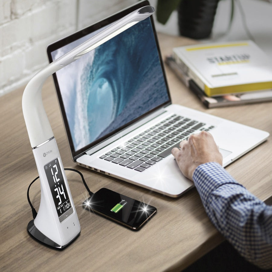 10" Height x 2.6" Width - LED Bulb - USB Charging, Flexible Neck, Clock, Sanitizing - Desk Mountable - White - for Furniture, Desk, Office, Home, Dorm