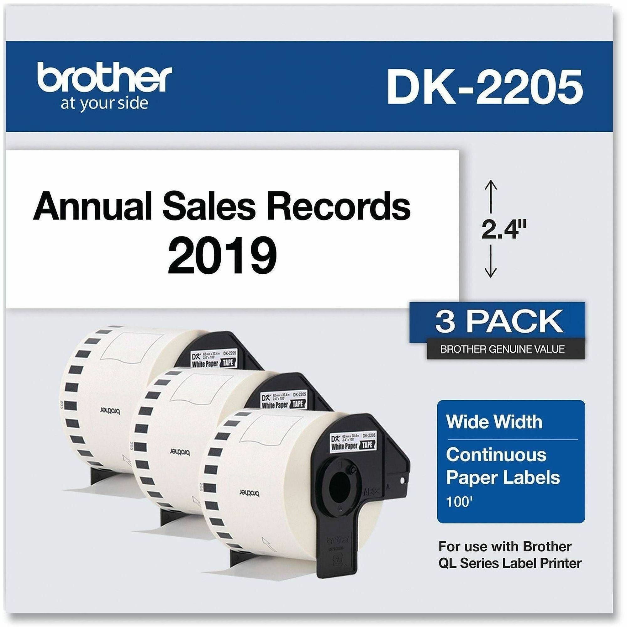 Brother DK Multipurpose Label - 2 2/5" Width - Rectangle - Thermal - Black on White - Paper - 3 / Pack