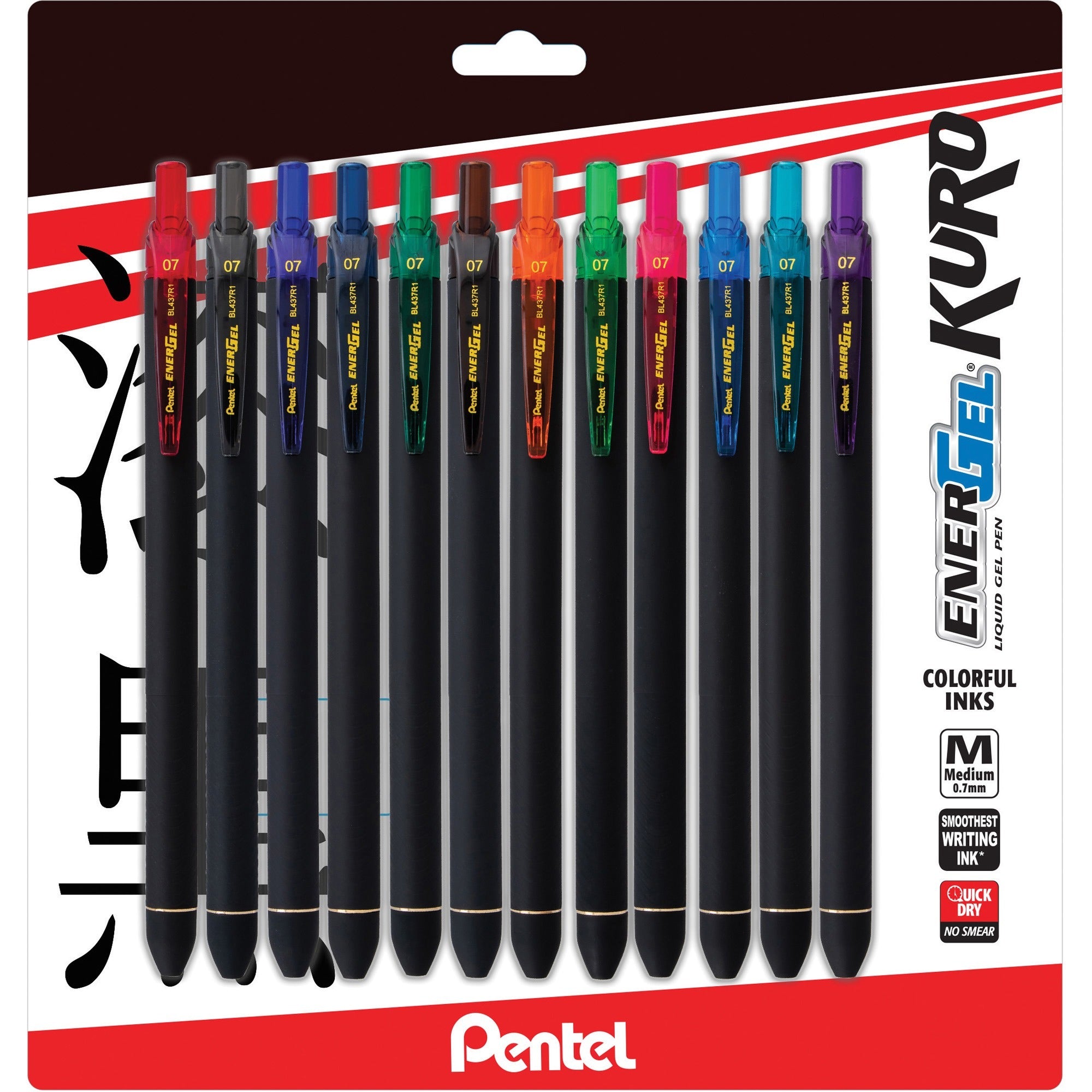 0.7 mm Pen Point - Retractable - Assorted Ink - Liquid Gel Ink - Rubberized Barrel - 12 / Pack