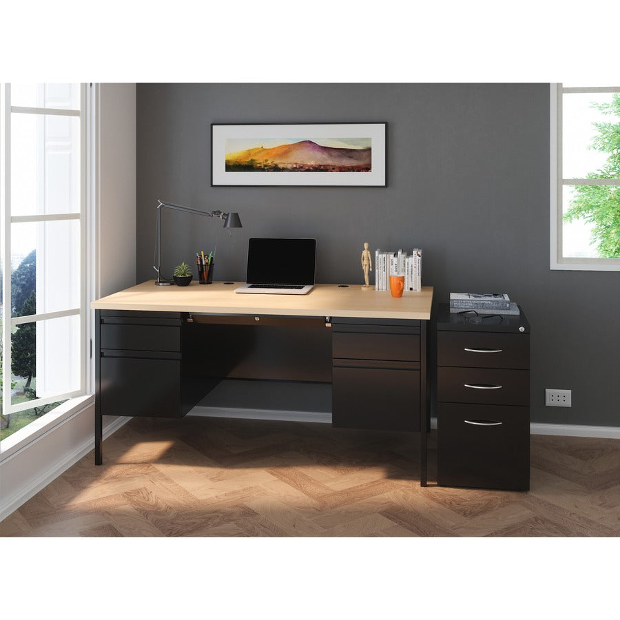 Lorell Fortress Series Double-Pedestal Desk - 30" Height x 60" Width x 29.5" Depth, x 1.1" Thickness Top, 0.8" Height Modesty Panel - Double Pedestal - Square Edge - Material: Steel - Finish: Black - 1 Each