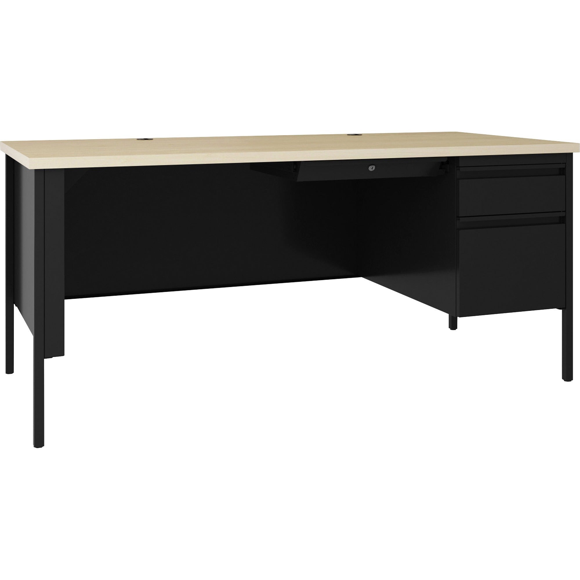 Lorell Fortress Series 66" Right-Pedestal Desk - 30" Height x 66" Width x 29.5" Depth, 0.8" Height Modesty Panel, x 1.1" Thickness Top - Single Pedestal on Right Side - Square Edge - Material: Steel - Finish: Black - 1 Each