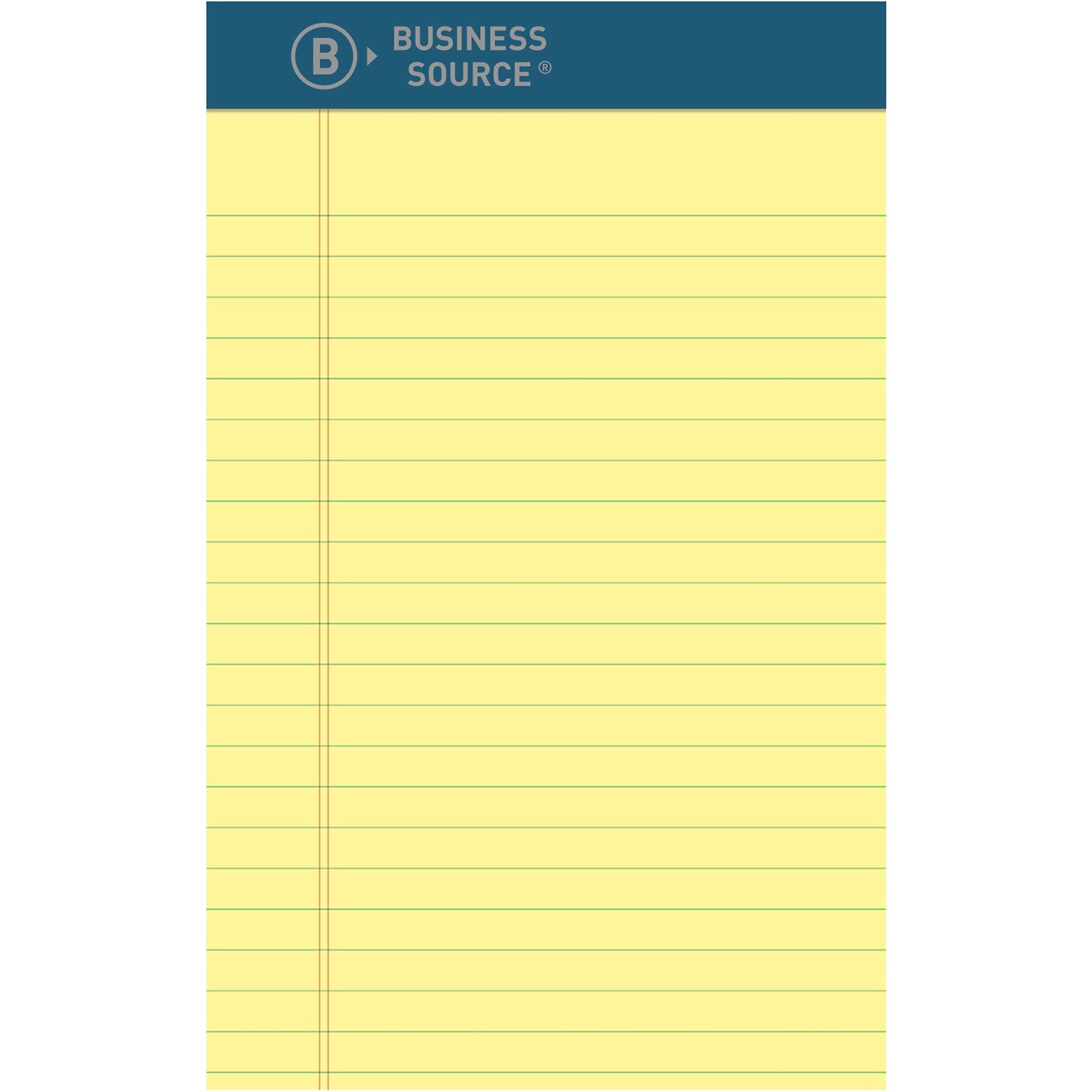 Business Source Premium Writing Pad - 50 Sheets - 0.20" Height x 5" Width x 8" Length - Canary Paper - Tear Proof, Sturdy Back, Bleed-free - 1 Dozen