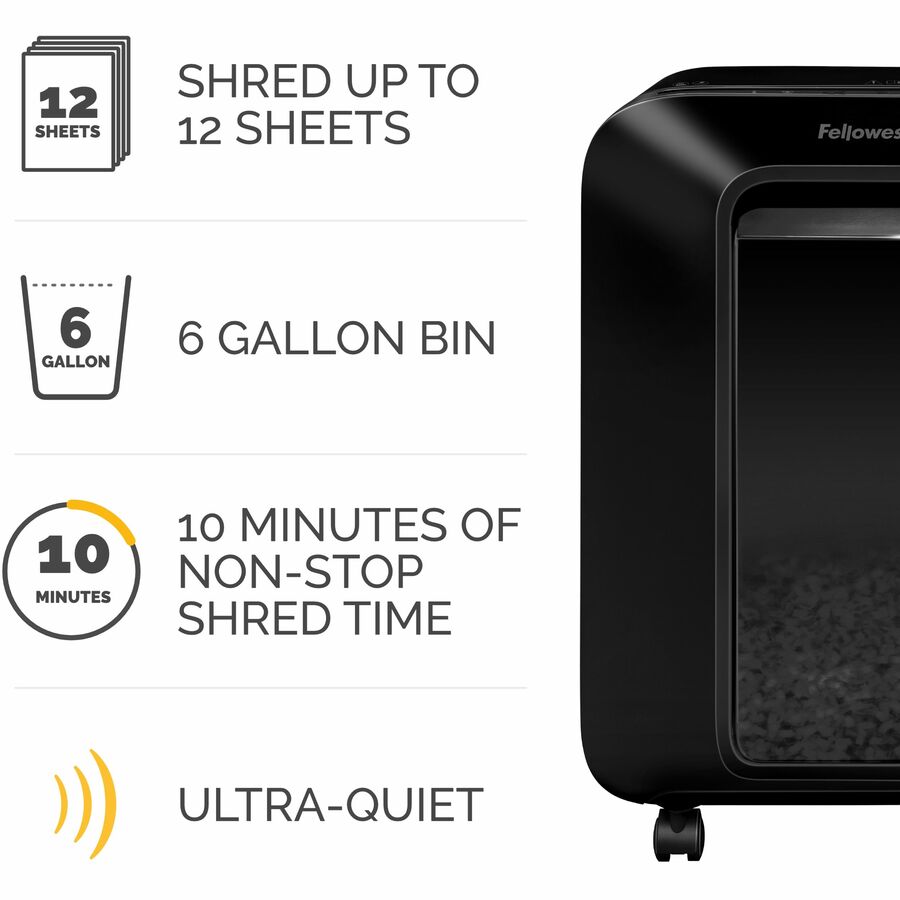 Continuous Shredder - Cross Cut - 12 Per Pass - for shredding Staples, Paper, Paper Clip, Credit Card, Junk Mail - 10 Minute Run Time - Black