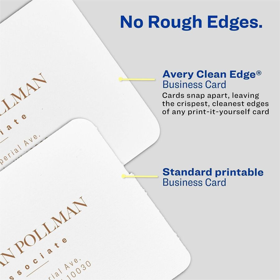 145 Brightness - A4 - 8 1/2" x 11" - 91 lb Basis Weight - 247 g/m² Grammage - Matte - Printable, Rounded Corner, Die-cut, Smooth Edge, Print-to-the-edge, Perforated, Avery Clean Edge Technology, Coated - White - 20 Sheets - 5 / Pack