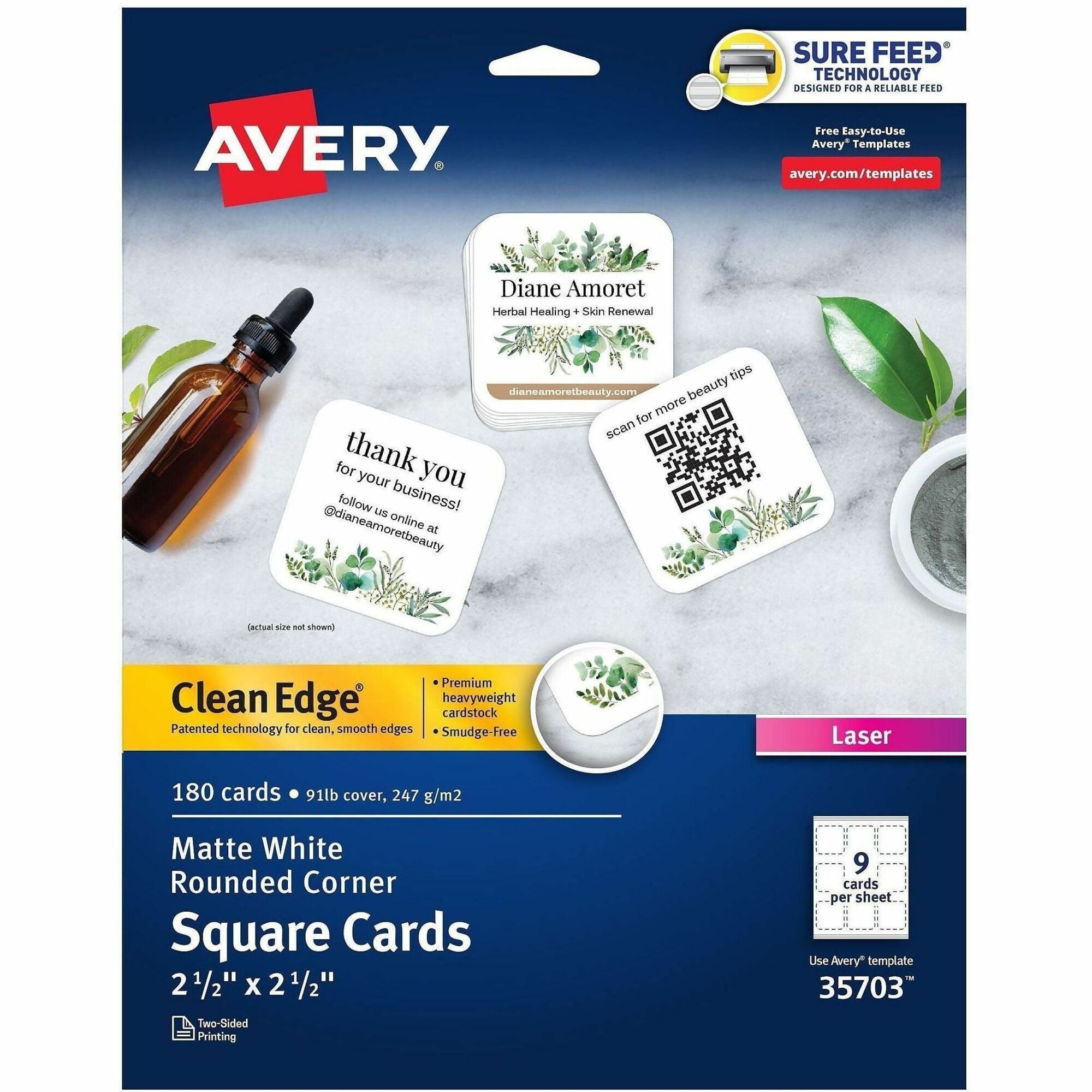 145 Brightness - A4 - 8 1/2" x 11" - 91 lb Basis Weight - 247 g/m² Grammage - Matte - Printable, Rounded Corner, Die-cut, Smooth Edge, Print-to-the-edge, Perforated, Avery Clean Edge Technology, Coated - White - 20 Sheets - 5 / Pack