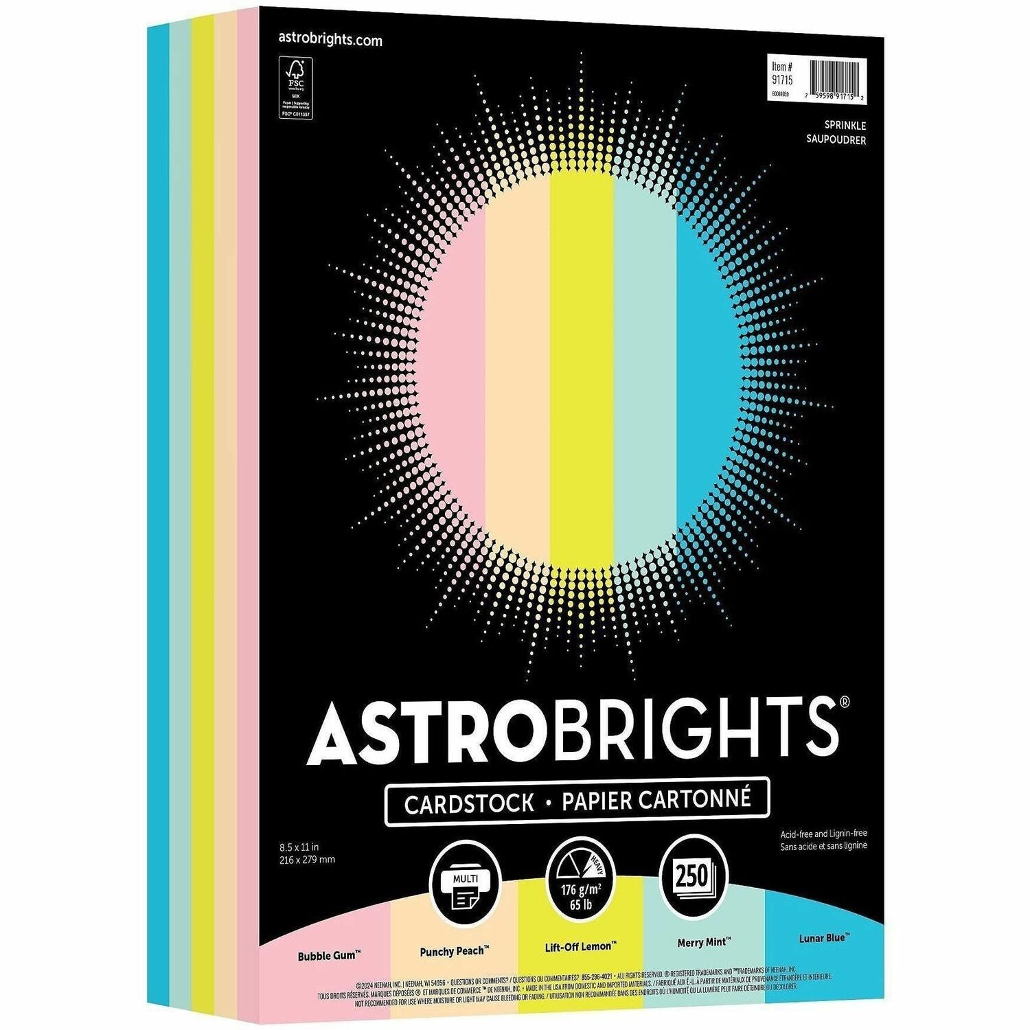 Letter - 8 1/2" x 11" - 65 lb Basis Weight - Heavyweight, Acid-free, Lignin-free - Merry Mint, Lift-off Lemon, Bubble Gum, Punchy Peach, Lunar, Blue - 1 Pack