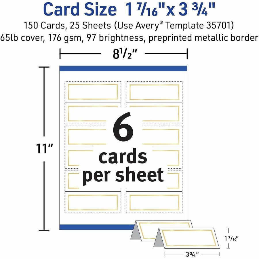 Avery&reg; Place Cards, 1-7/16" x 3-3/4" , Gold Border, 150 Cards (35701)