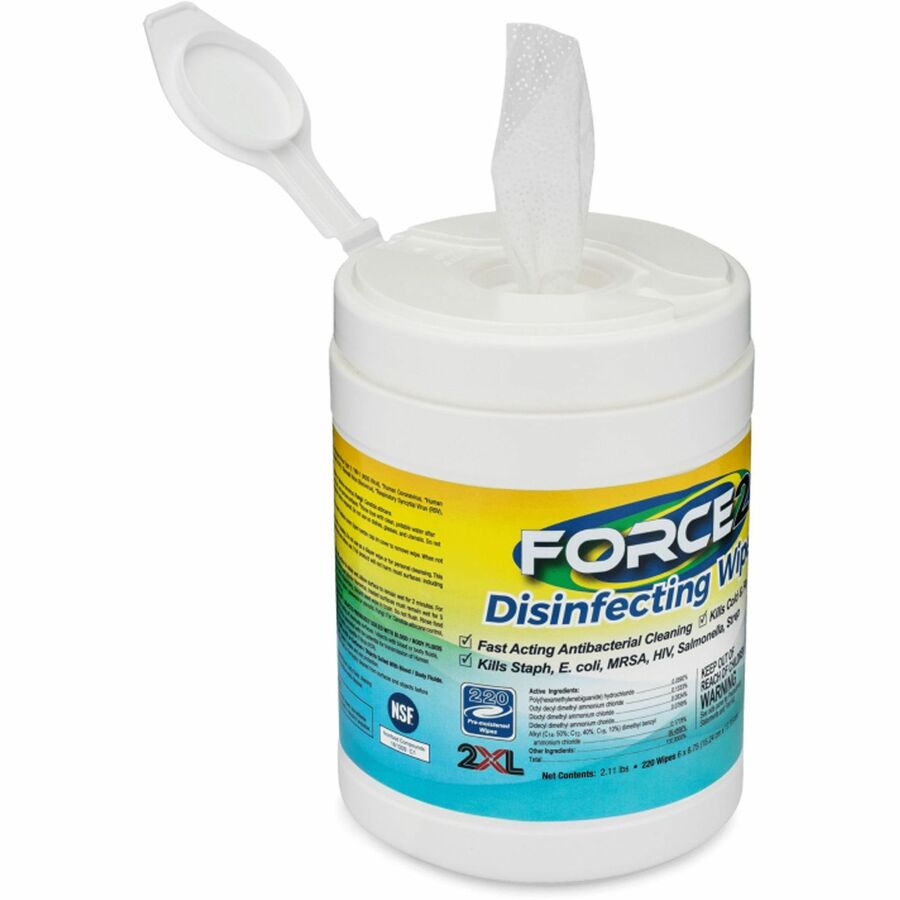 2XL FORCE2 Disinfecting Wipes - 6.75" Length x 6" Width - Fast Acting, Non-toxic, Non-irritating, Pre-moistened, Alcohol-free, Phenol-free, Bleach-free, Ammonia-free - White - 220/Tub - 1 Each
