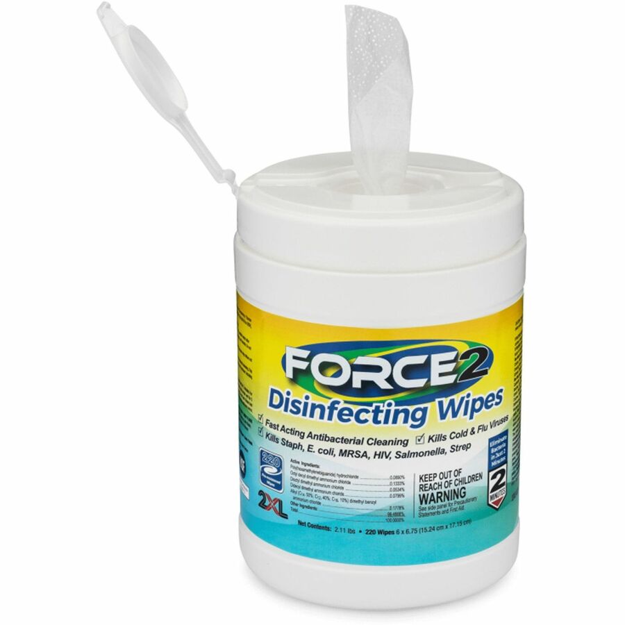 2XL FORCE2 Disinfecting Wipes - 6.75" Length x 6" Width - Fast Acting, Non-toxic, Non-irritating, Pre-moistened, Alcohol-free, Phenol-free, Bleach-free, Ammonia-free - White - 220/Tub - 1 Each