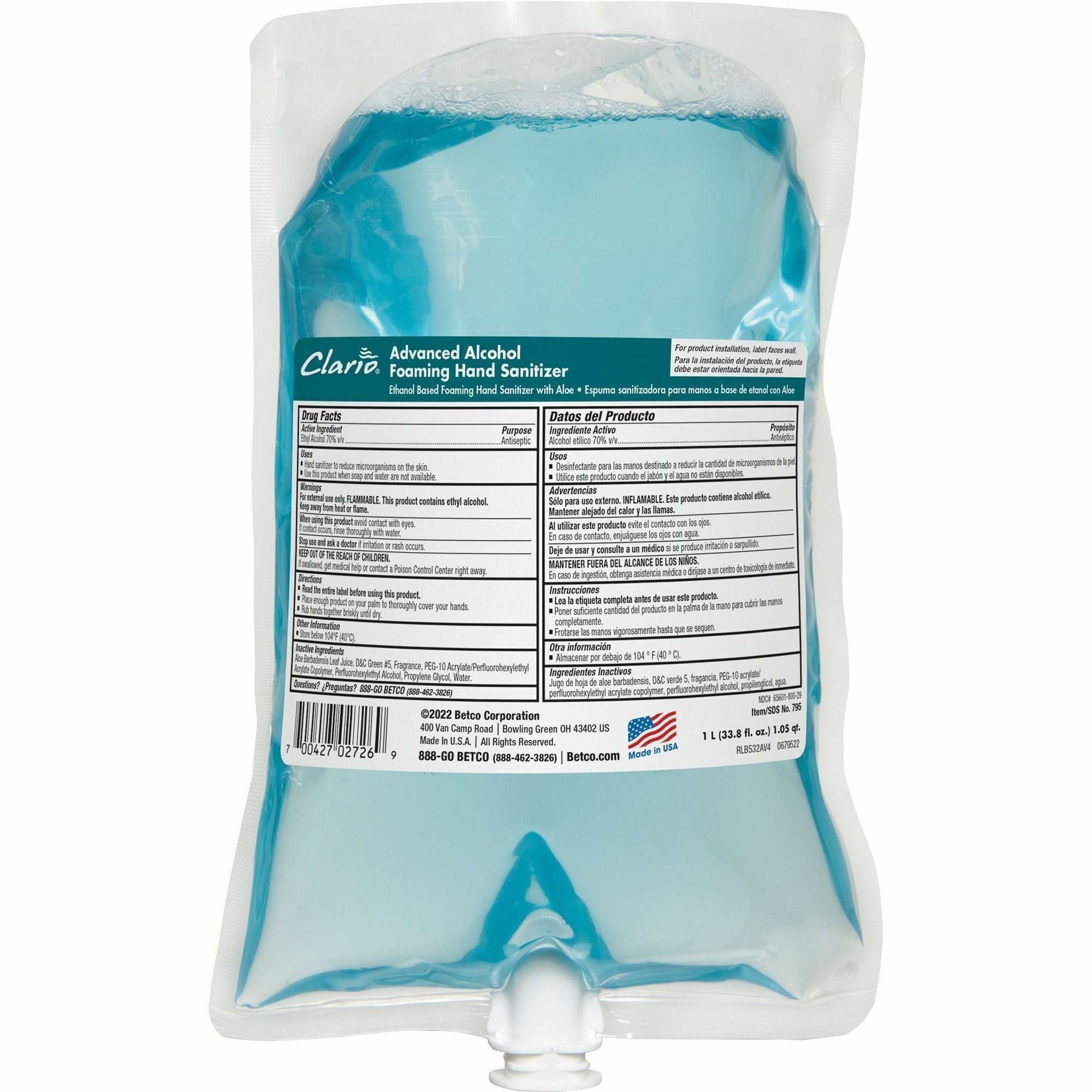 Betco Clario Hand Sanitizer Foam Refill - Citrus Scent - 1.06 quart - Kill Germs - Hand - Moisturizing - Light Blue - Anti-irritant, Non-sticky, Residue-free, Non-drying - 1 Each