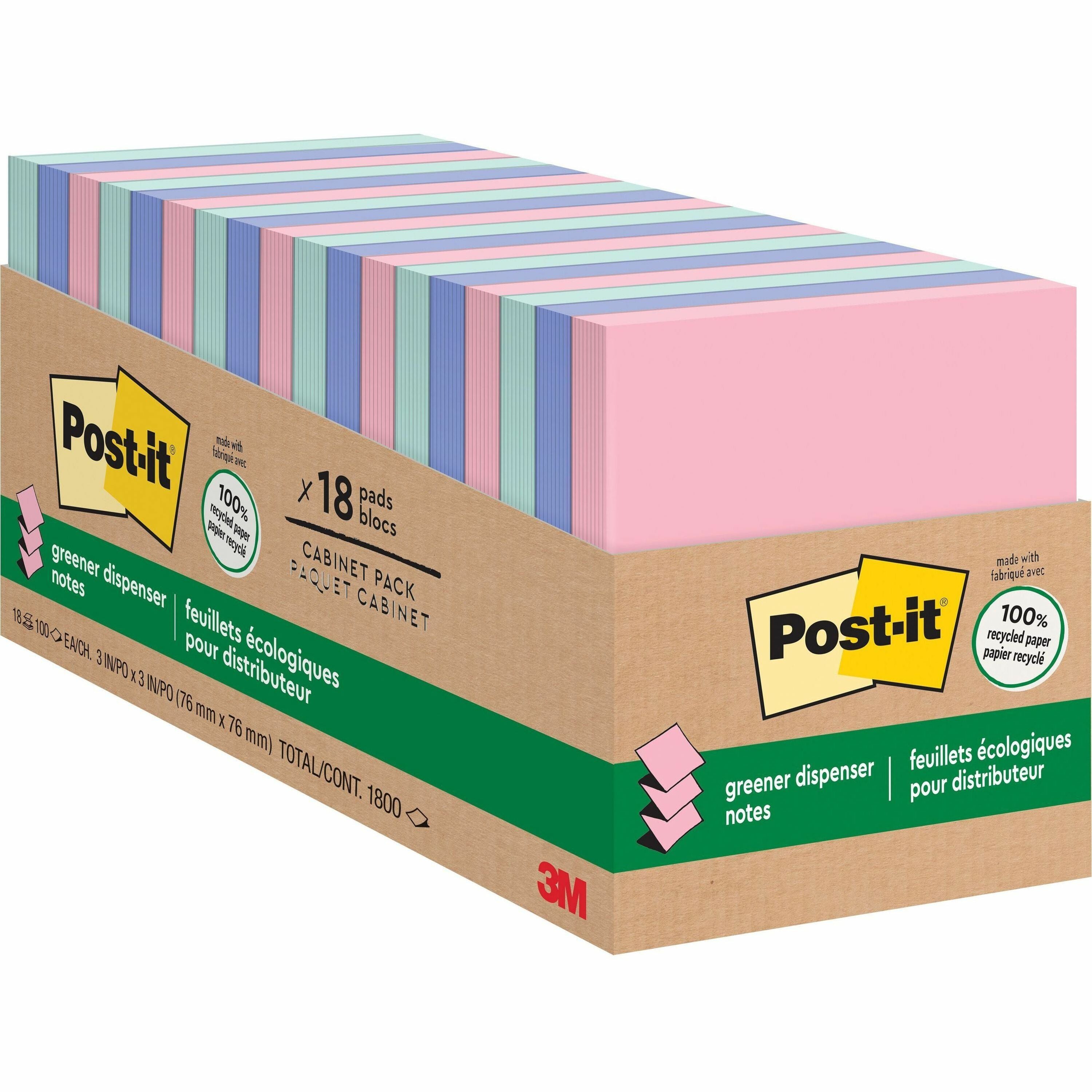 Post-it Greener Dispenser Notes, 3" x 3", Square, 100 Sheets per Pad, Positively Pink, Fresh Mint, Moonstone, Recycled Paper, Self-stick, Removable, Pop-up, 1 Pack