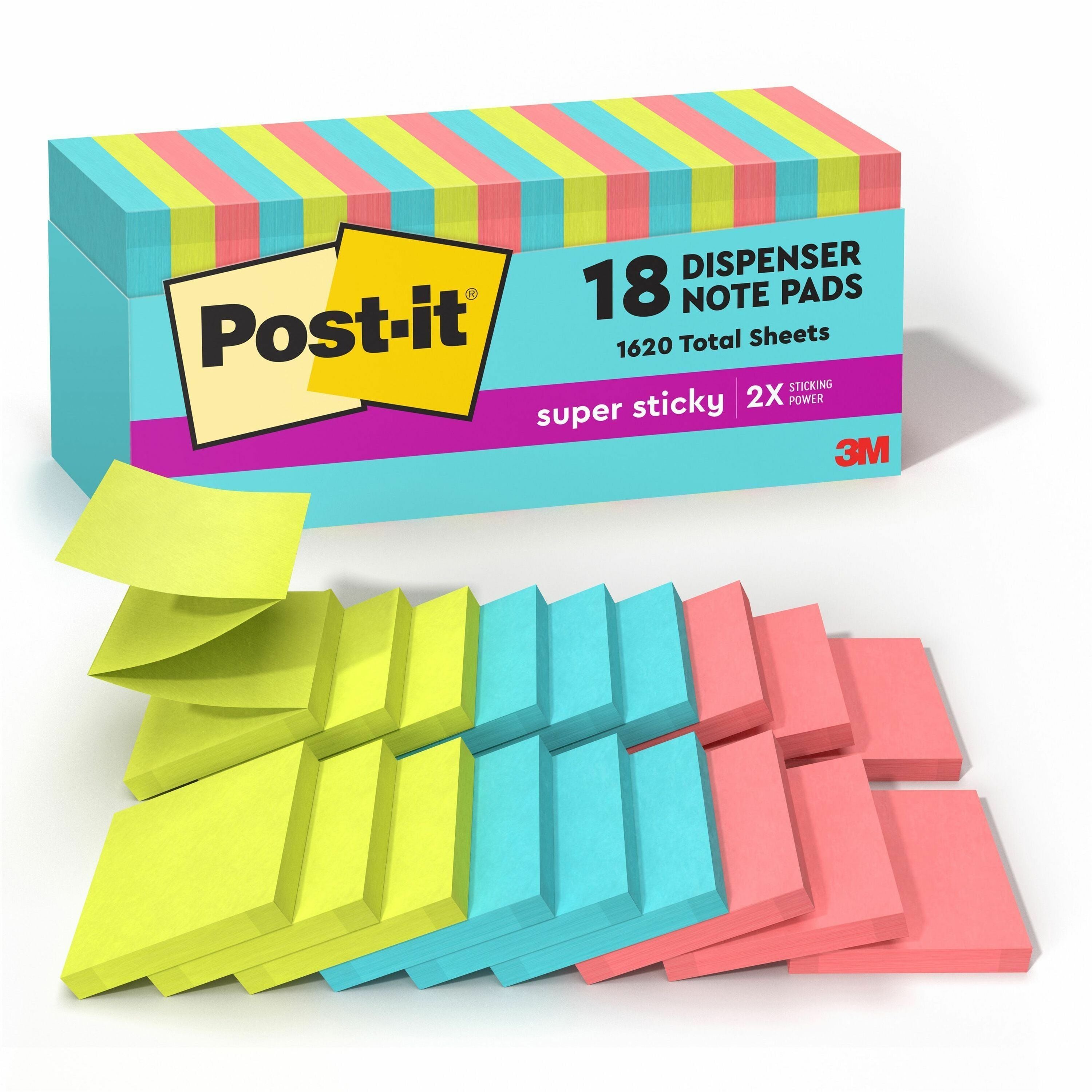Post-it Super Sticky Dispenser Notes, Supernova Neons Color Collection, 3" x 3", 90 Sheets per Pad, Aqua Splash/Acid Lime/Guava, 1 Pack