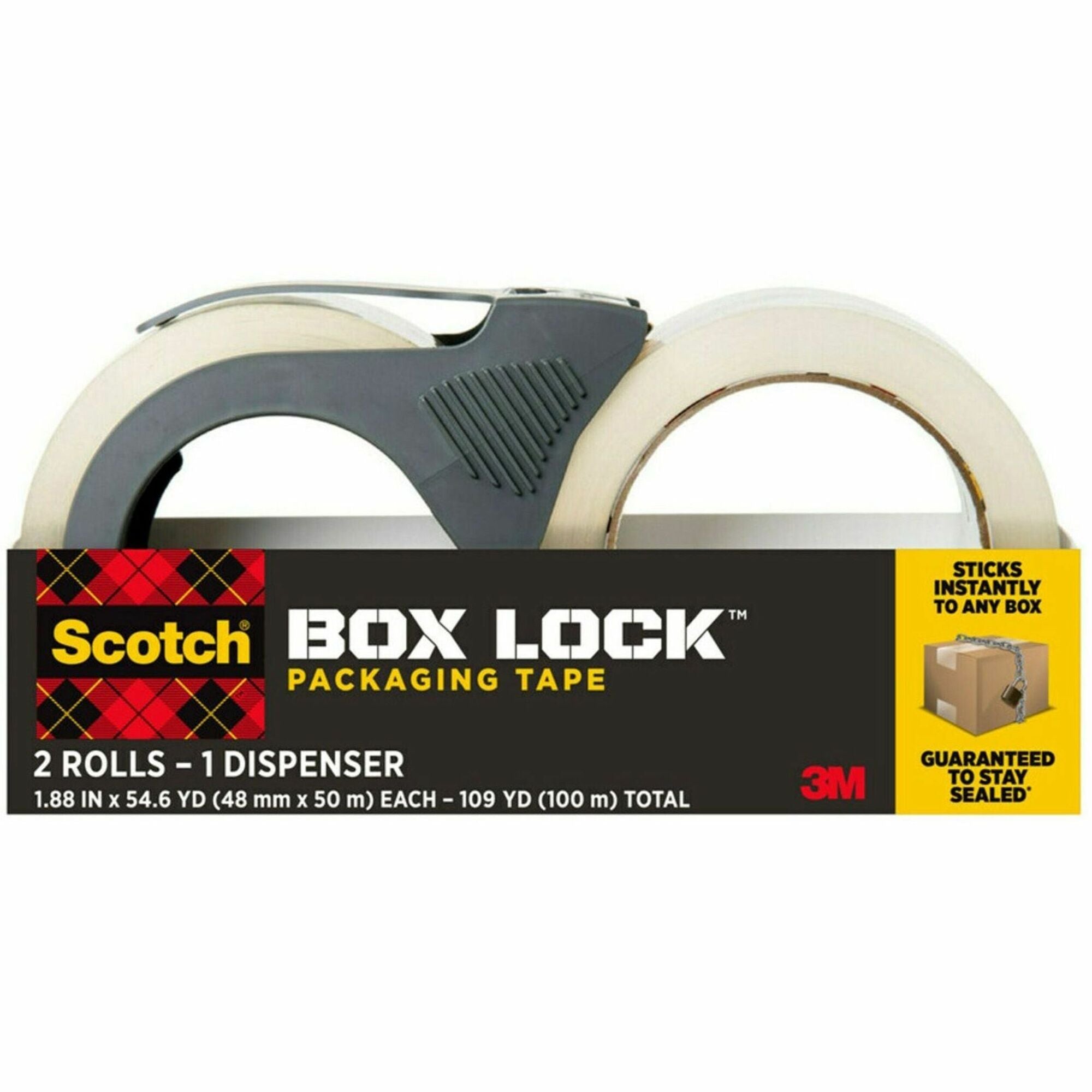 Scotch Box Lock Dispenser Packaging Tape, Clear, 1.88" x 55 yd, Dispenser Included, 1 Pack