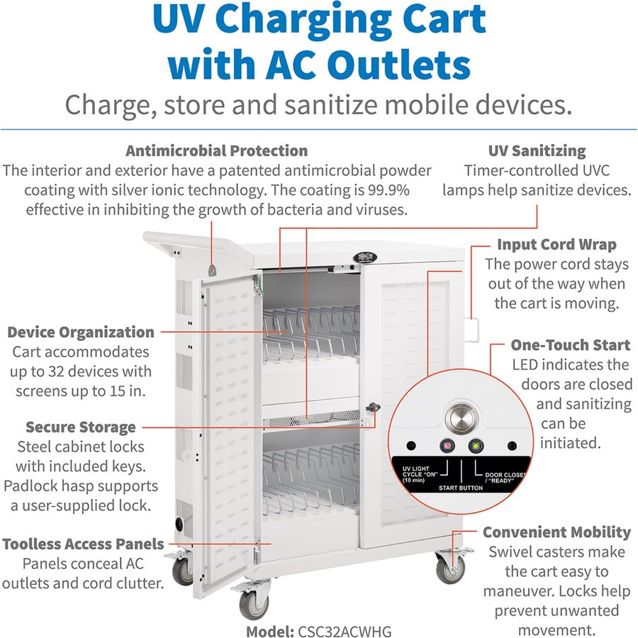 2 Shelf - 4 Casters - Steel - 34.80" Width x 21.60" Depth x 42.30" Height - Steel Frame - White - For 32 Devices - 1 Each