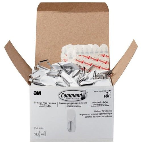 35 Medium Hook - 2 lb (907.2 g) Capacity - 2.2" Height x 0.9" Width - for Decoration, Clothes, Painted Surface, Tile, Wood, Glass, Metal, Calendar, Belt, Kitchen, Brush, ... - Plastic, Metal - White - 35 / Pack