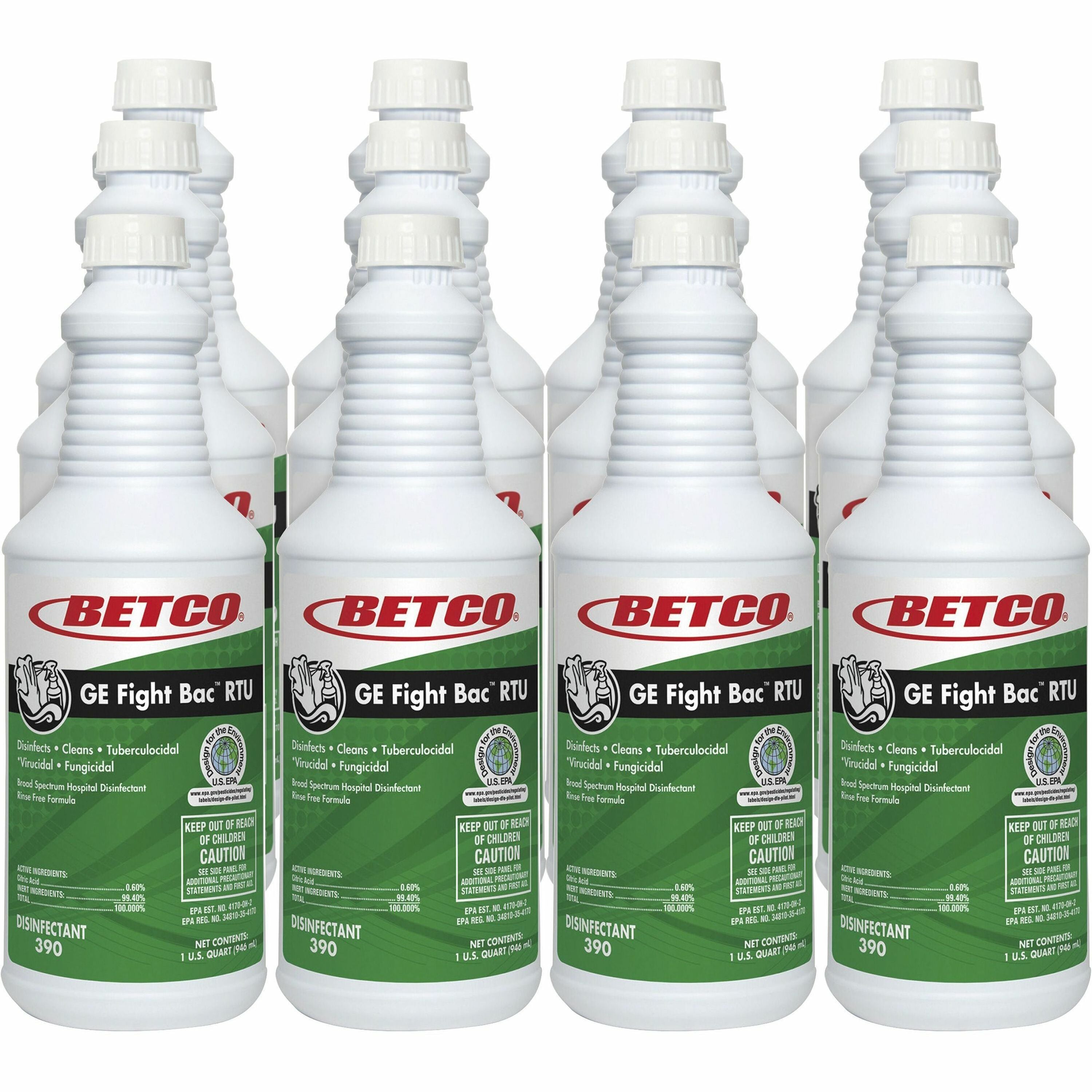 Betco GE Fight Bac RTU Disinfectant - Ready-To-Use - 32 fl oz (1 quart) - Fresh Scent - Rinse-free, Non-irritating - Clear - 12 / Carton