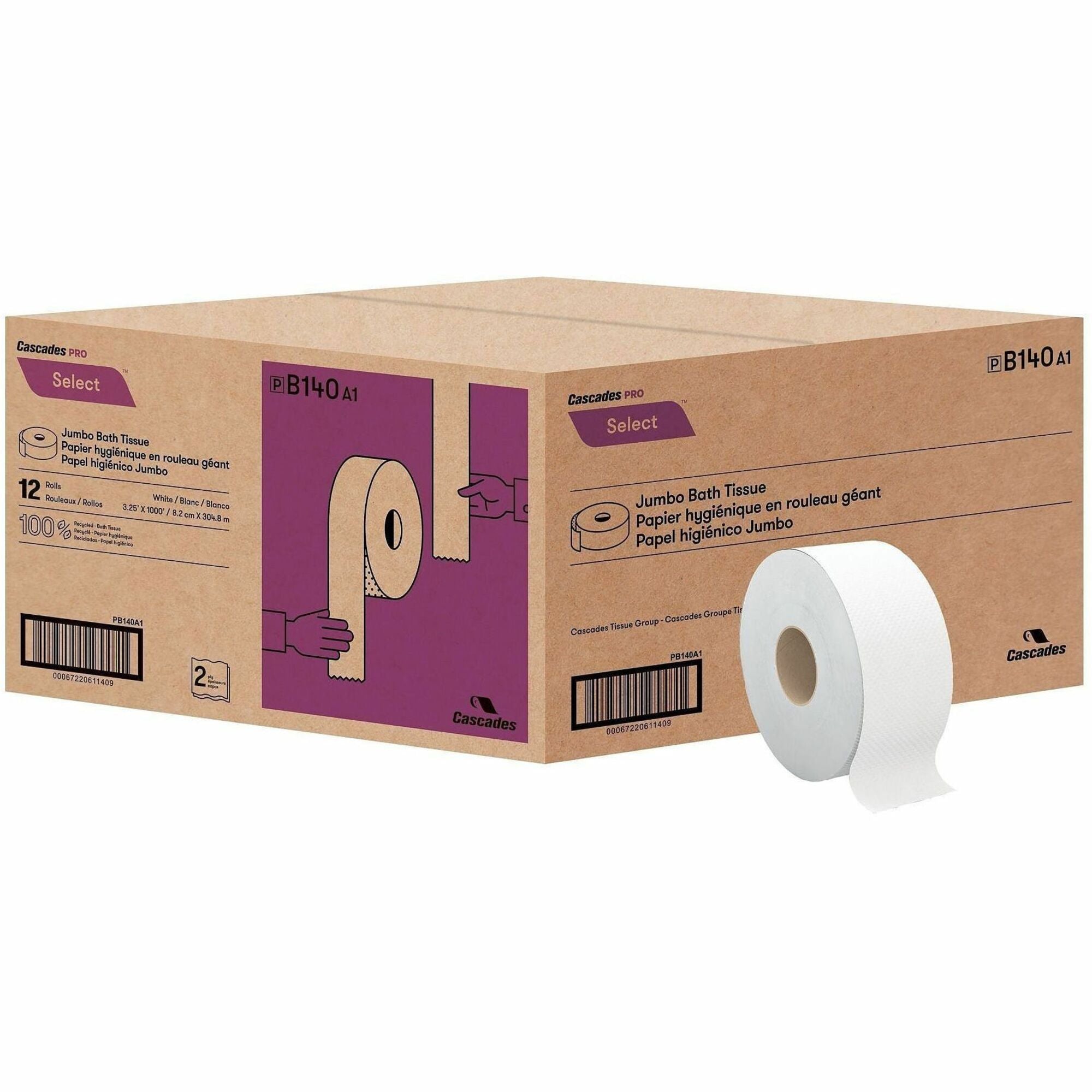 Cascades PRO Select Jumbo Toilet Paper - 2 Ply - 3.30" Width x 1000 ft Length - White - Fiber - 12 / Carton