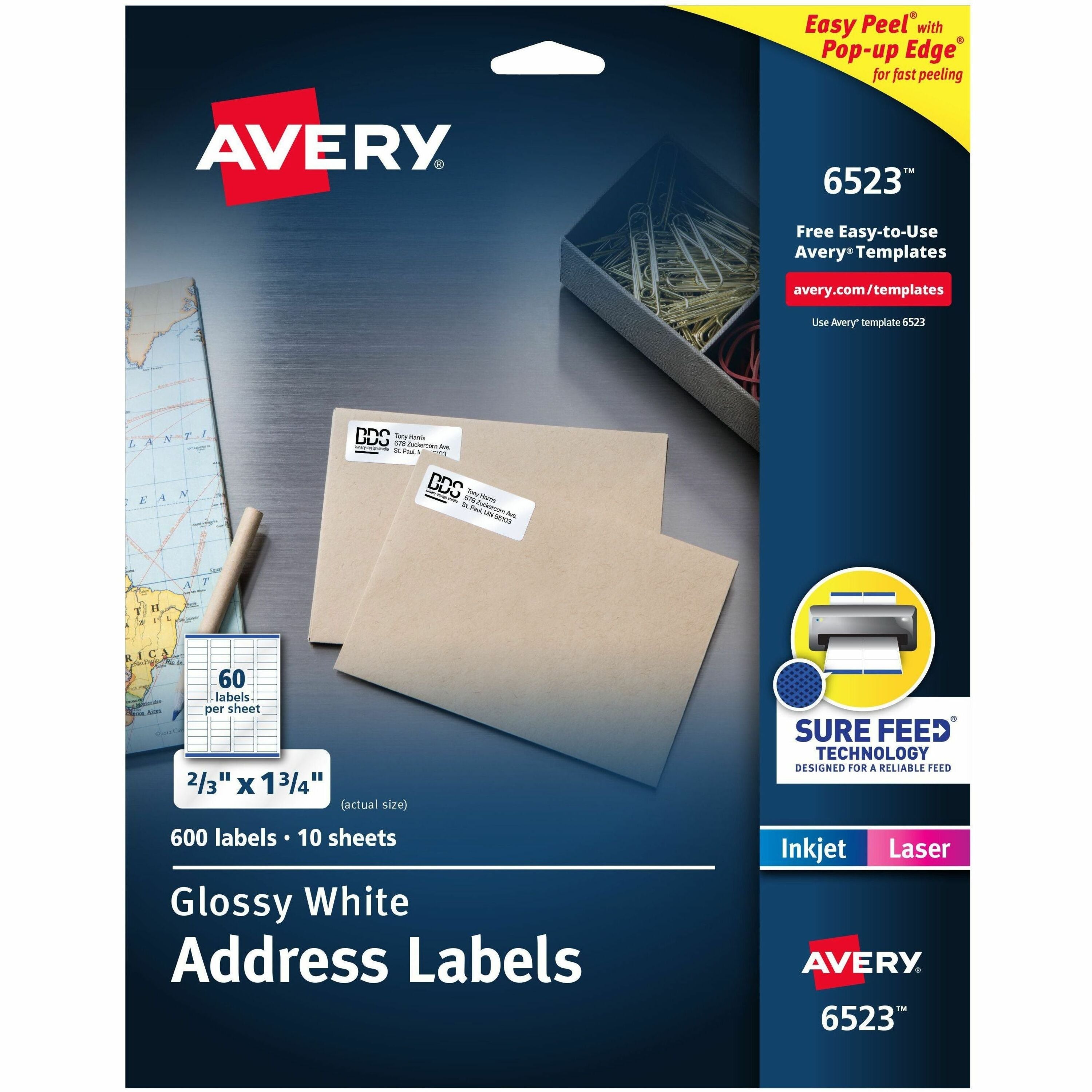 Avery&reg; Address Labels, Glossy White, 2/3" x 1-3/4" , 600 Total (6523)