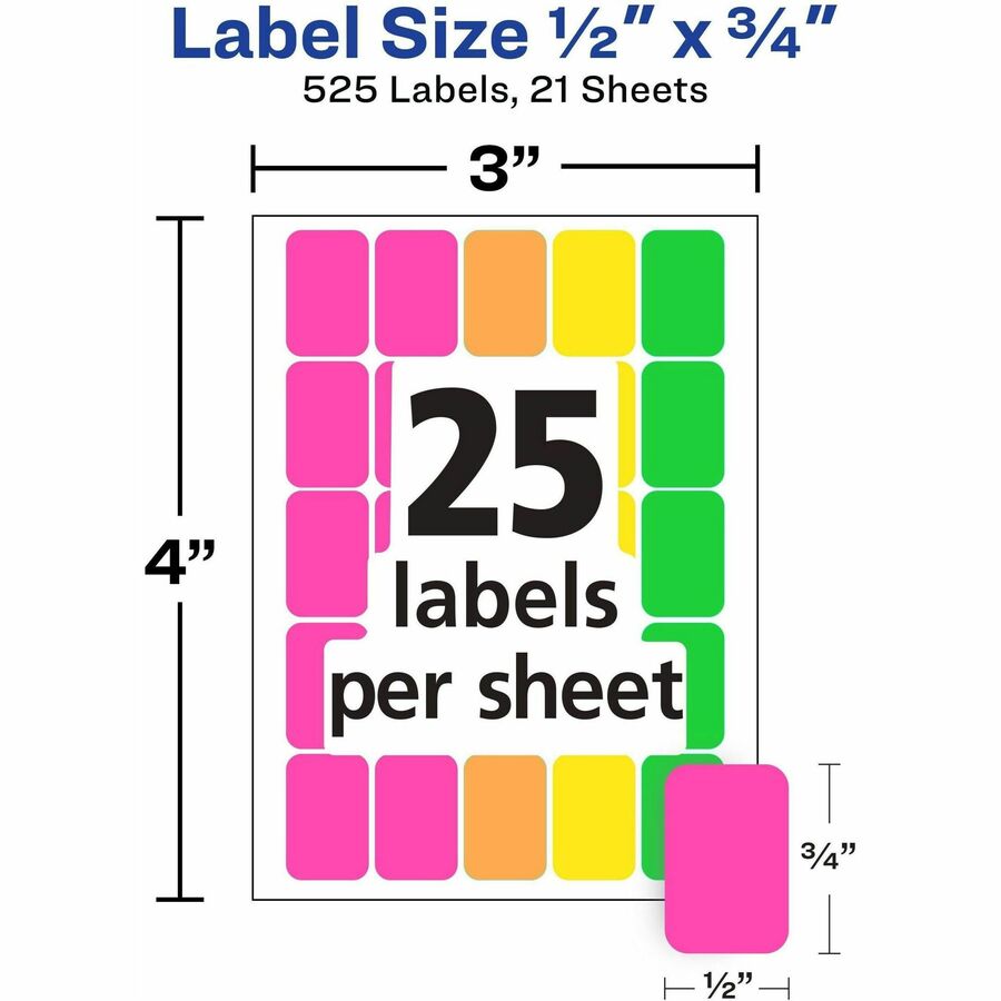 Avery&reg; Removable Labels, 1/2" x 3/4" , Neon, 525 Total (6721)