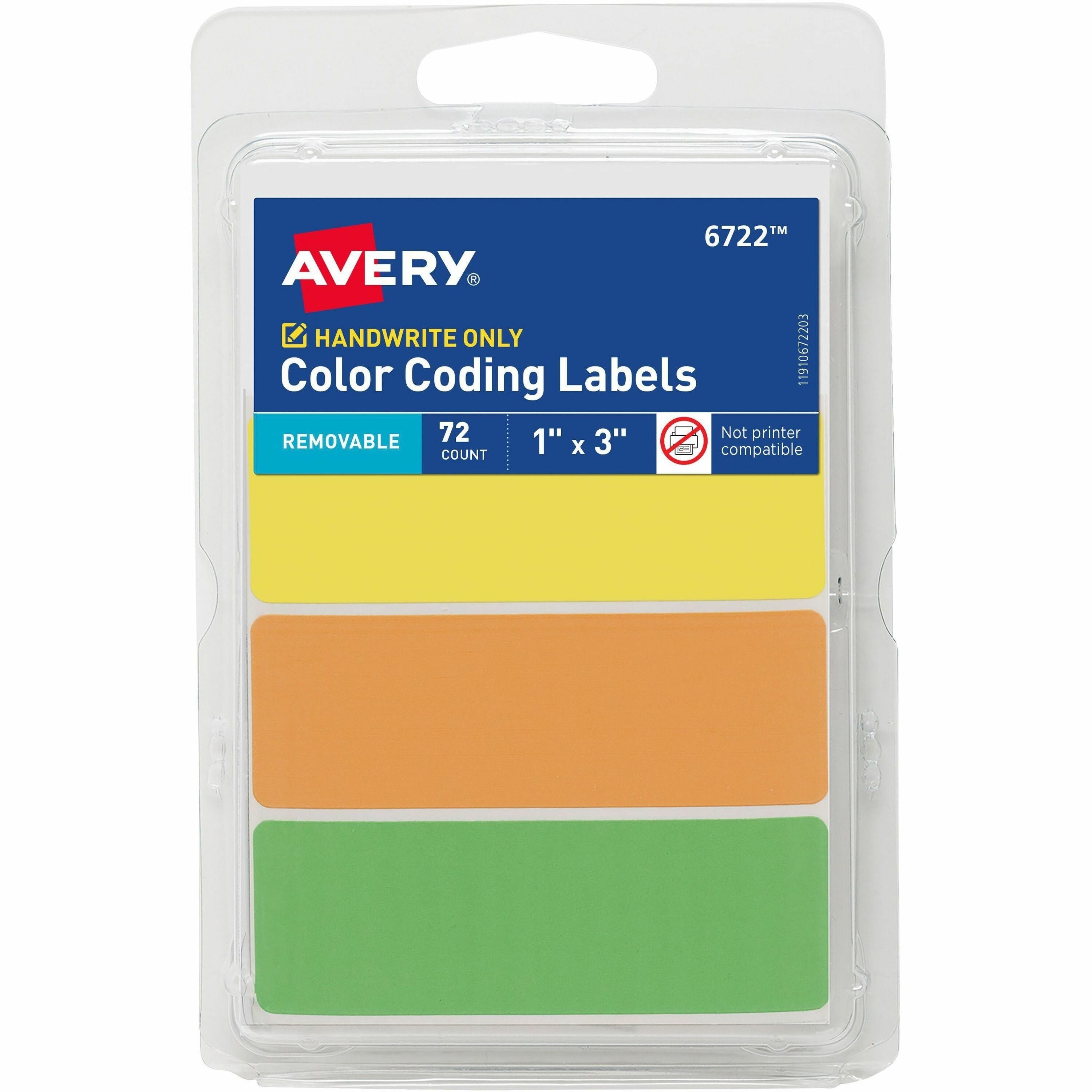 Avery Rectangular Removable Color Coding Labels, Neon Yellow/Orange/Green, 1" x 3", 3 Labels/Sheet, 24 Sheets, 72 Labels/Carton