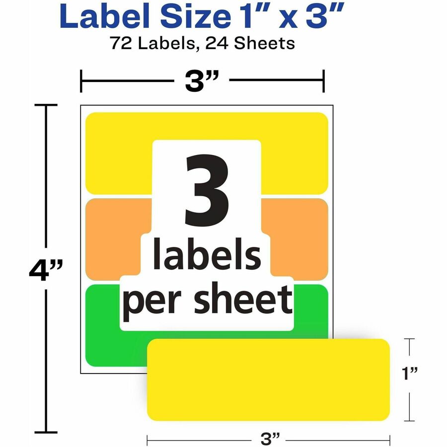 Avery Rectangular Removable Color Coding Labels, Neon Yellow/Orange/Green, 1" x 3", 3 Labels/Sheet, 24 Sheets, 72 Labels/Carton
