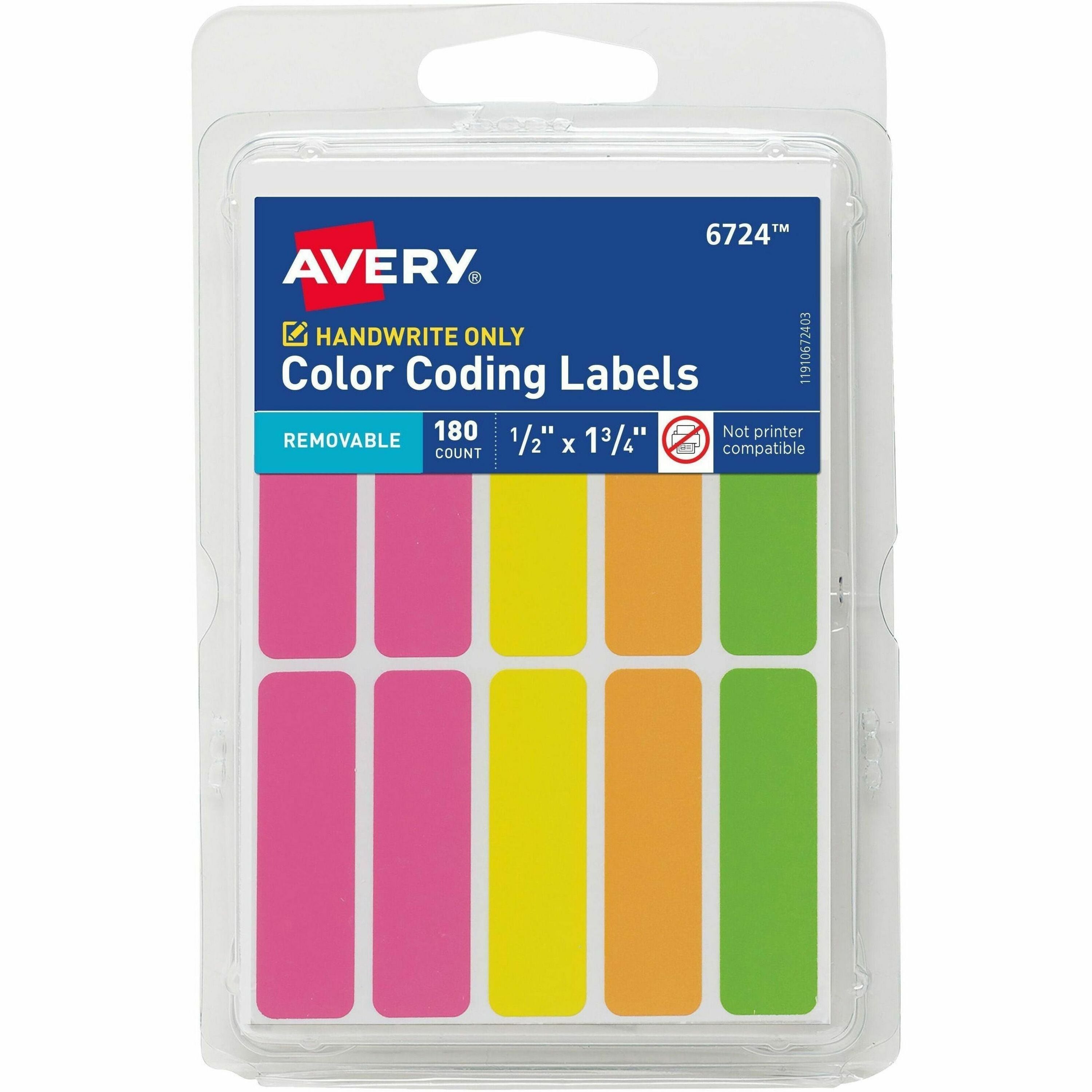 Avery Rectangular Removable Color Coding Labels, Neon Pink/Yellow/Orange/Green, 1/2" x 1-3/4", 10 Labels/Sheet, 18 Sheets, 180 Labels/Carton