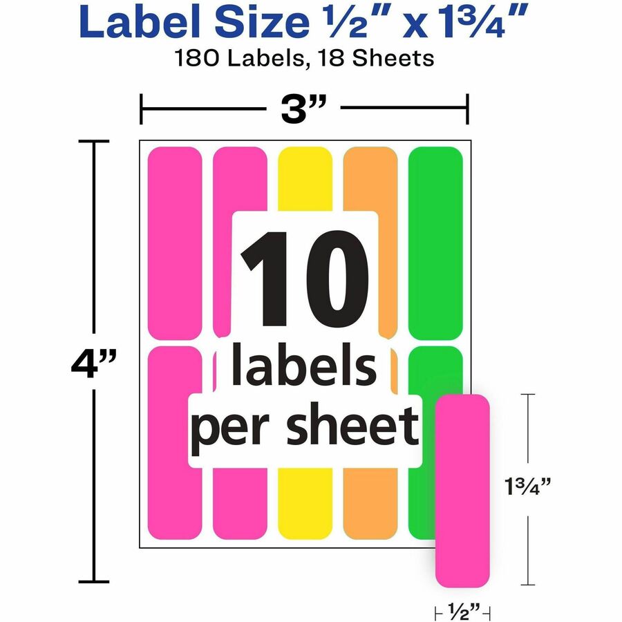 Avery Rectangular Removable Color Coding Labels, Neon Pink/Yellow/Orange/Green, 1/2" x 1-3/4", 10 Labels/Sheet, 18 Sheets, 180 Labels/Carton