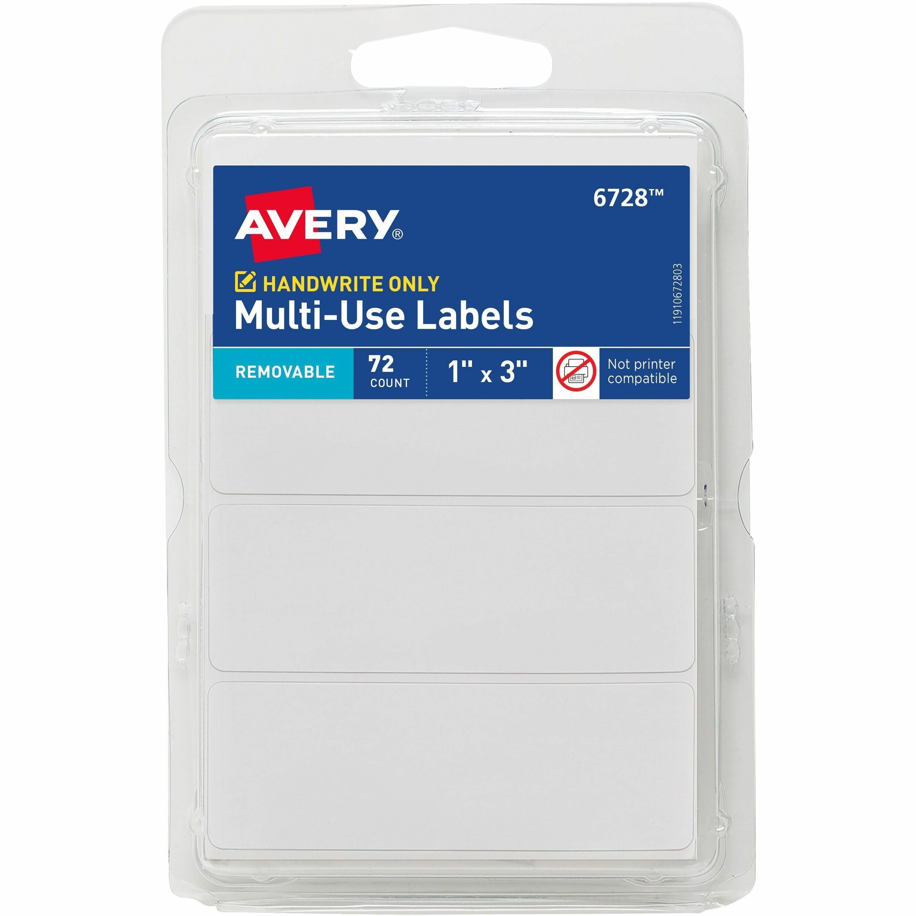 Avery Removable Multi-Use ID Labels, Handwrite Only, 1" x 3", White, Rectangle, Removable Adhesive, 3 Labels/Sheet, 24 Sheets, 2592 Labels Total, 72/Pack, 1 Carton