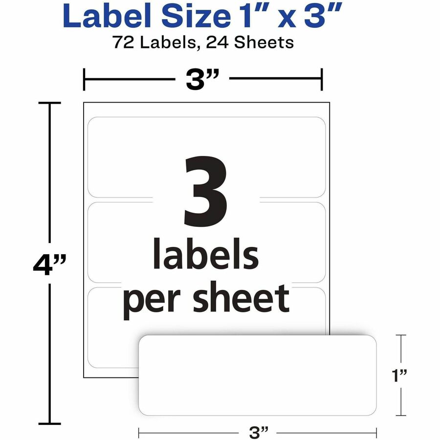 Avery Removable Multi-Use ID Labels, Handwrite Only, 1" x 3", White, Rectangle, Removable Adhesive, 3 Labels/Sheet, 24 Sheets, 2592 Labels Total, 72/Pack, 1 Carton