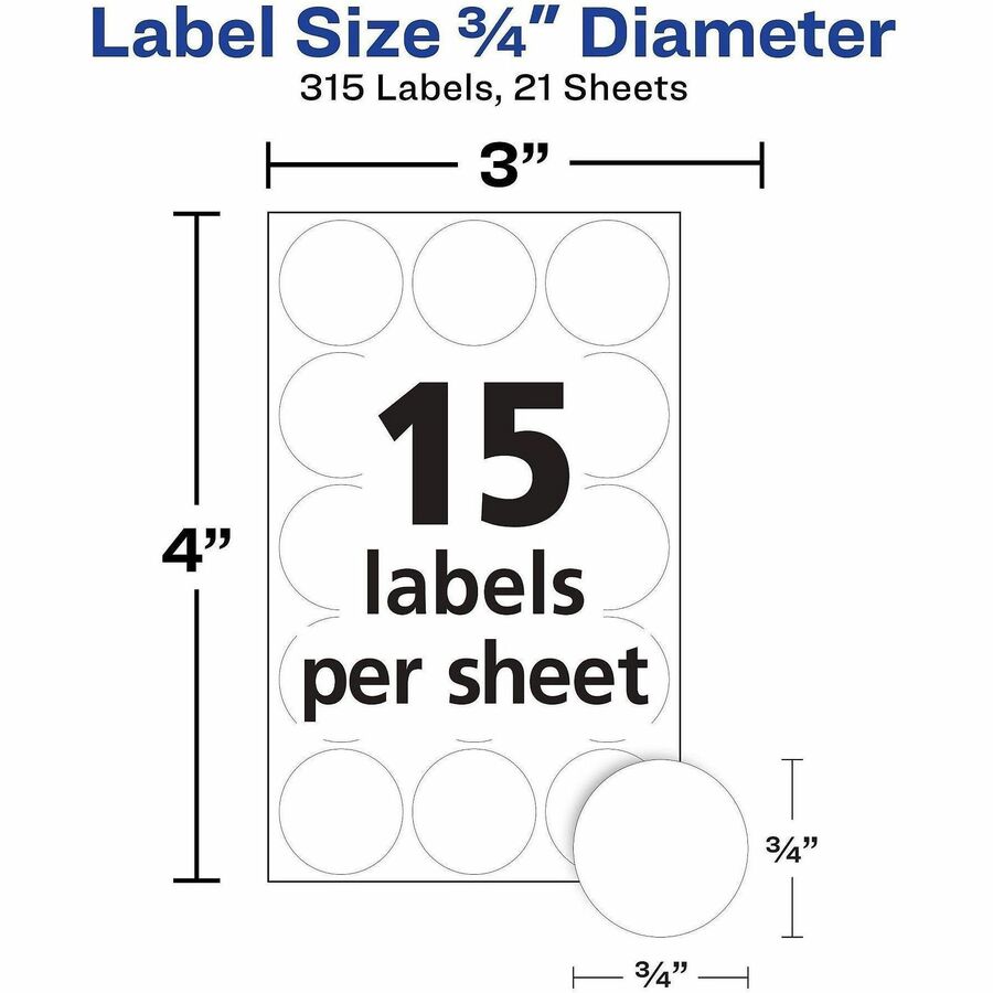 Avery&reg; Removable Multi-Use ID Labels on Small Sheets - Handwrite Only - 3/4" Diameter - Removable Adhesive - Round - White - Paper - Removable, Residue-free, Easy Peel - 15 / Sheet - 21 Total Sheets - 11340 Total Label(s) - 315/Pack - 1 Carton