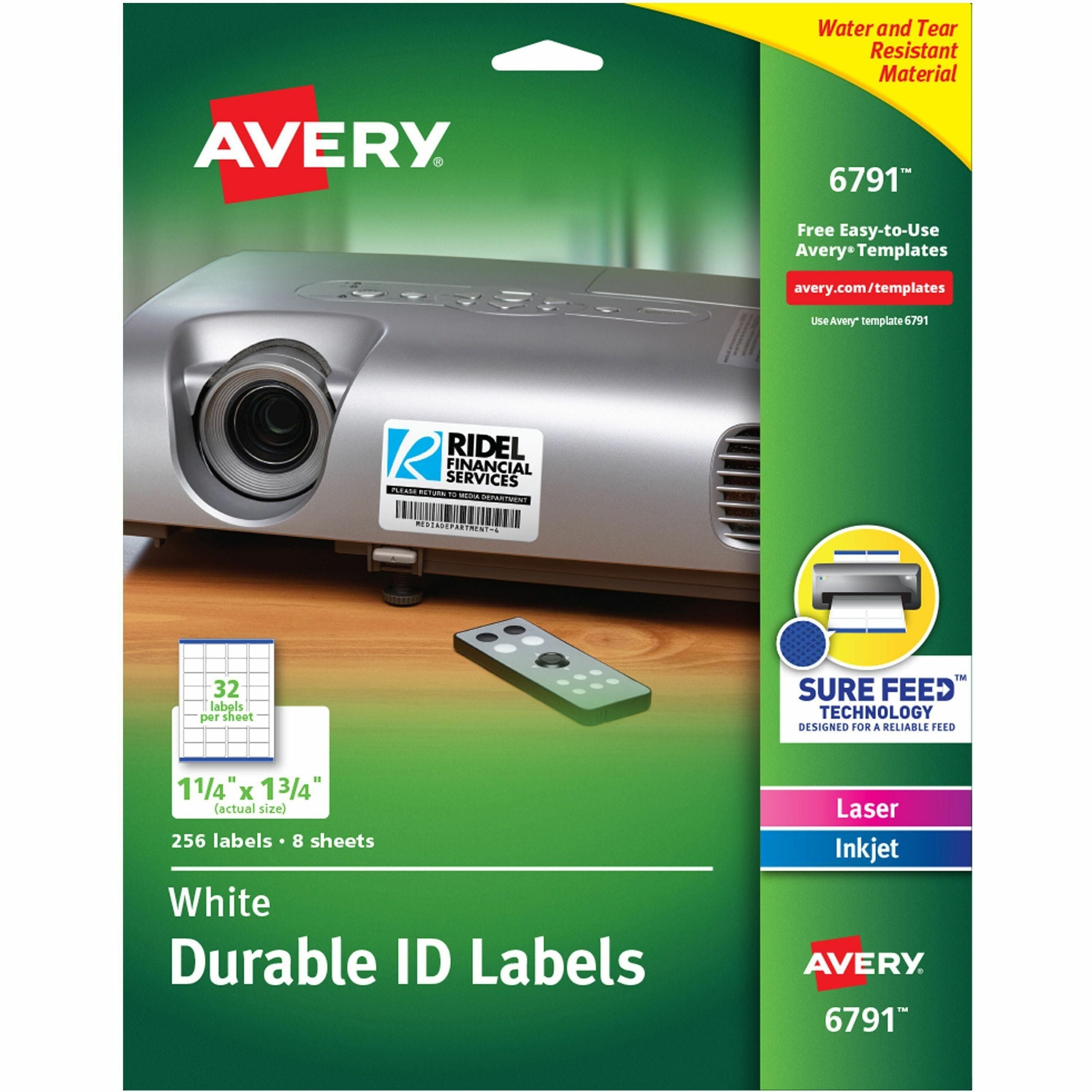 Avery Permanent Durable ID Labels with Sure Feed Technology, 1 1/4" x 1 3/4", Square, White Film, Permanent Adhesive, Laser/Inkjet Compatible, 32 Labels/Sheet, 8 Sheets, 1280 Labels/Carton