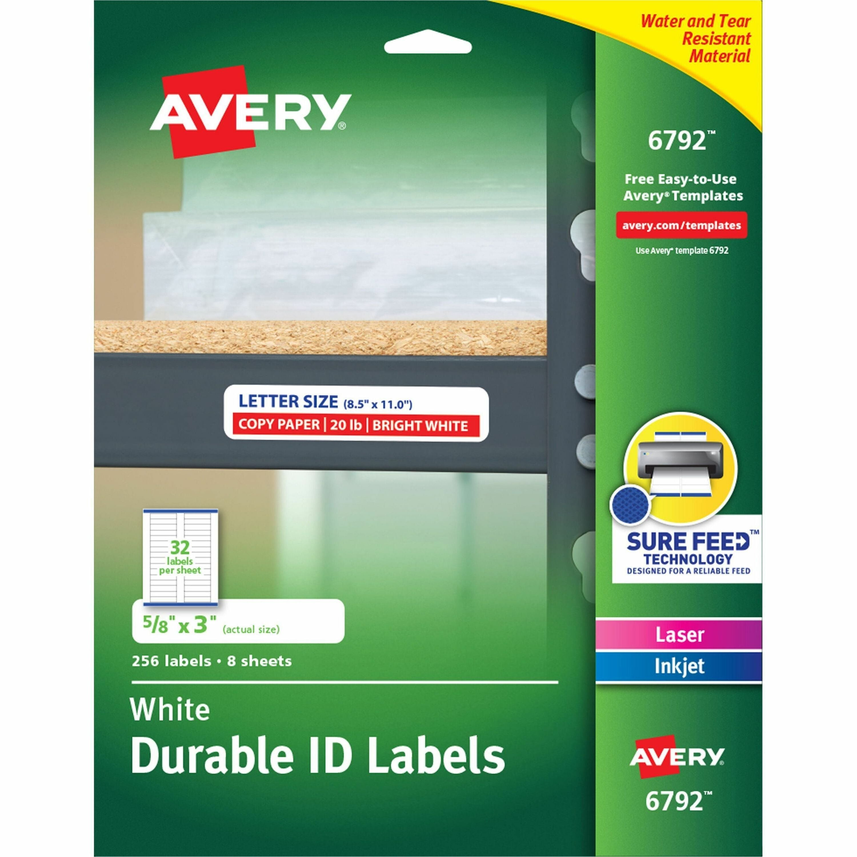 Avery Permanent Durable ID Labels with Sure Feed Technology, 5/8" x 3", Rectangle, White Film, Water Resistant, Matte Finish, 32 Labels/Sheet, 8 Sheets, 1280 Labels/Carton