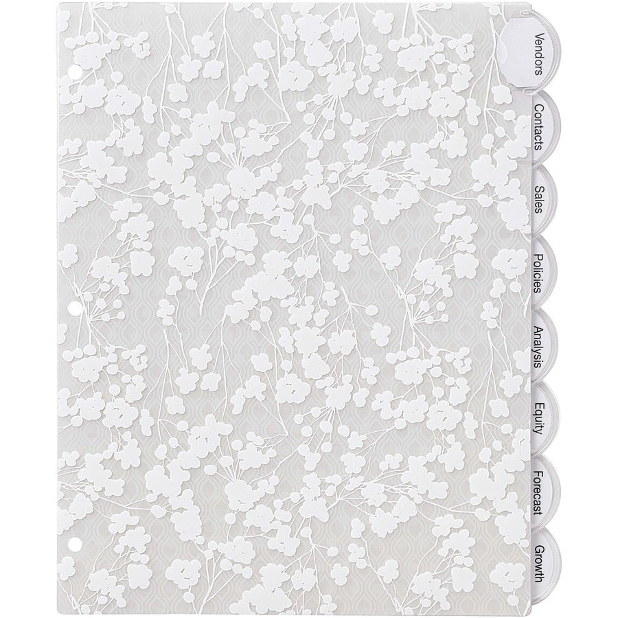 8 x Divider(s) - 8 Tab(s) - 8 - 8 Tab(s)/Set - 8.5" Divider Width x 11" Divider Length - 3 Hole Punched - Frosted White Plastic Divider - Frosted White Plastic Tab(s) - 24 / Carton