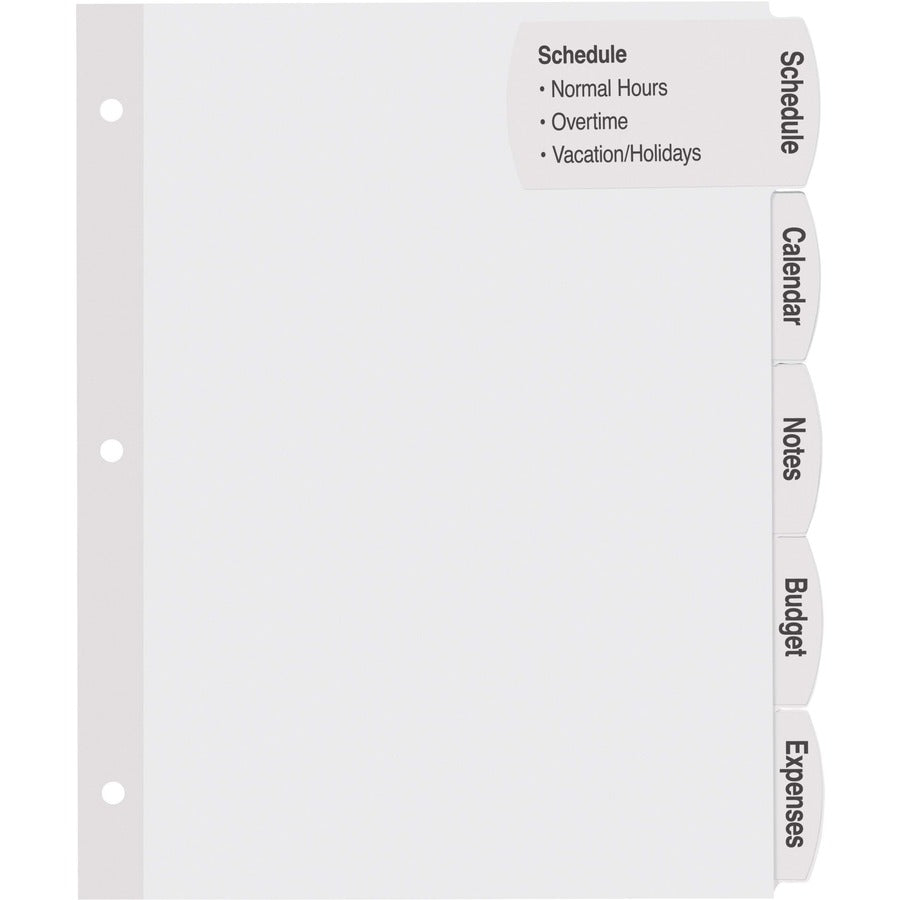 Avery&reg; Big Tab Printable White Label Dividers - 5 x Divider(s) - 5 - 5 Tab(s)/Set - 8.5" Divider Width x 11" Divider Length - 3 Hole Punched - White Paper Divider - White Paper Tab(s) - 20% Recycled - 36 / Carton