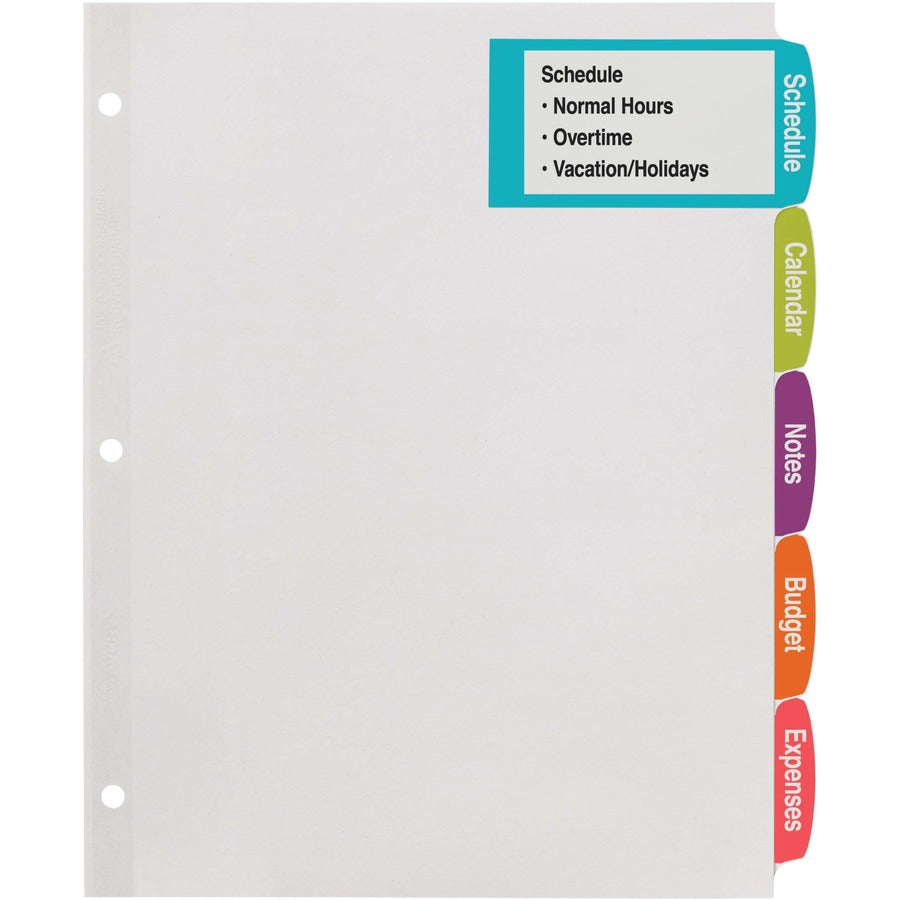 Avery&reg; Big Tab Printable White Label Dividers - 5 x Divider(s) - 5 - 5 Tab(s)/Set - 8.5" Divider Width x 11" Divider Length - 3 Hole Punched - White Paper Divider - White Paper Tab(s) - 20% Recycled - 36 / Carton