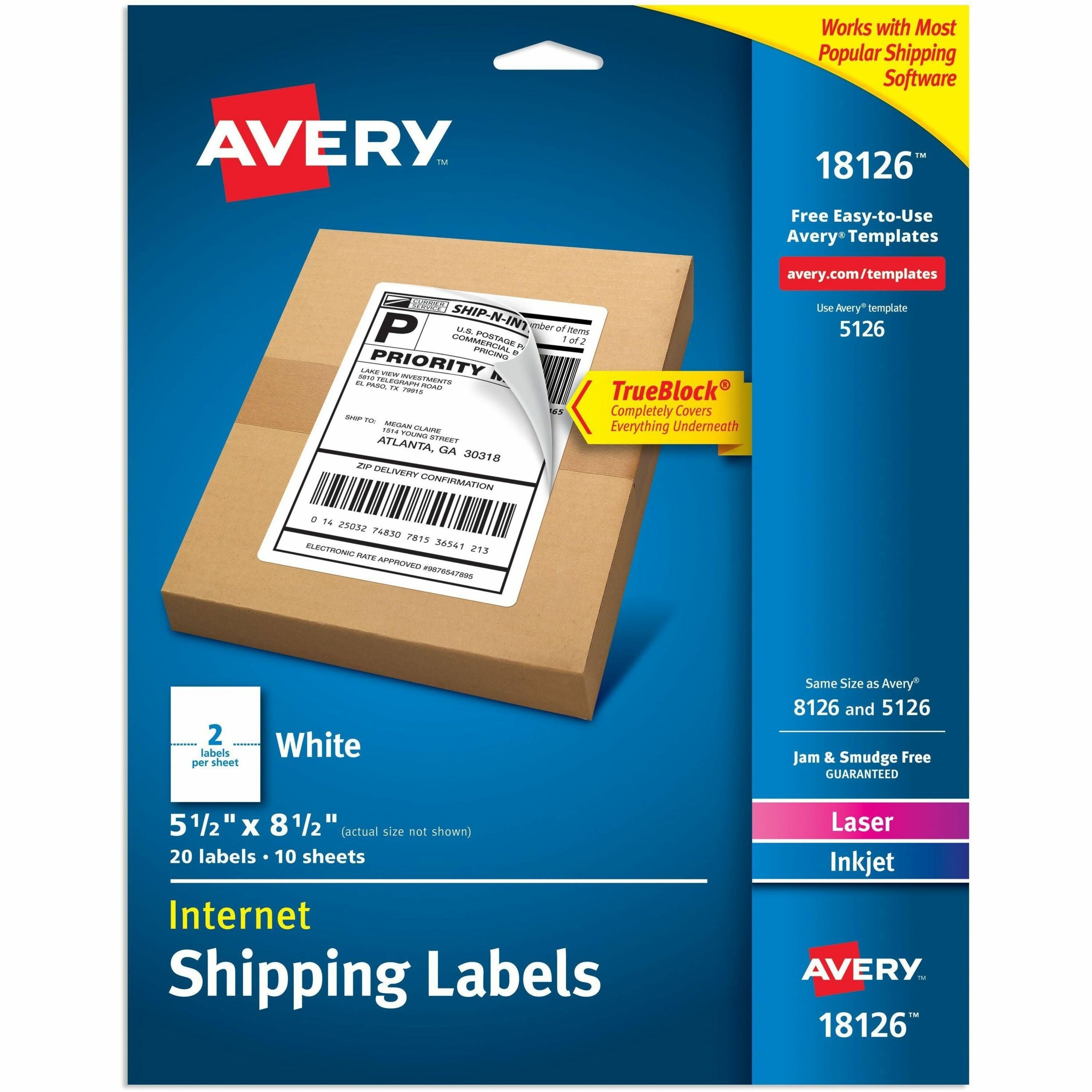 Avery&reg; Internet Shipping Labels, 5-1/2" x 8-1/2" , 20 Labels (18126)
