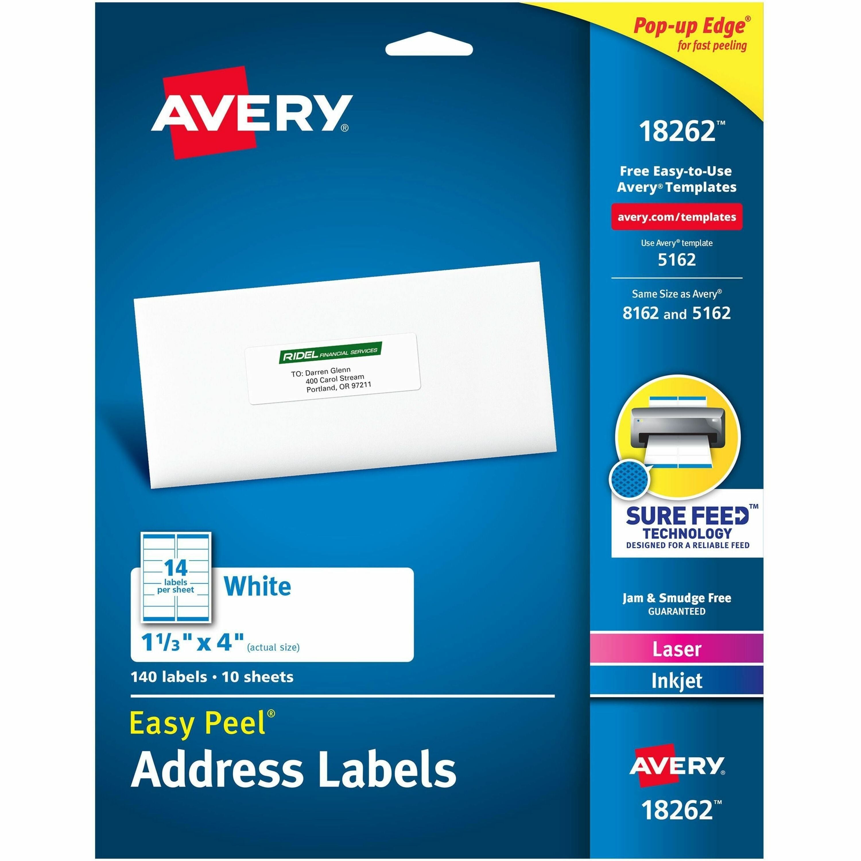Avery Easy Peel Address Labels, Matte White, 1 21/64" x 4", Rectangle, Permanent Adhesive, Inkjet/Laser Compatible, 14 Labels/Sheet, 14 Sheets, 140 Labels/Pack, 1 Carton