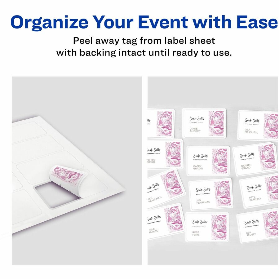 Avery Adhesive Name Badges, Matte White, Removable, Rectangle, 2 21/64" x 3 3/8", Inkjet/Laser Compatible, 8/Sheet, 8 Sheets, 80 Labels/Box, 1 Carton
