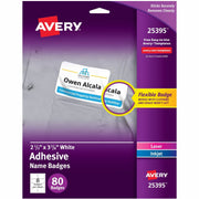 Avery Adhesive Name Badges, Matte White, Removable, Rectangle, 2 21/64" x 3 3/8", Inkjet/Laser Compatible, 8/Sheet, 8 Sheets, 80 Labels/Box, 1 Carton