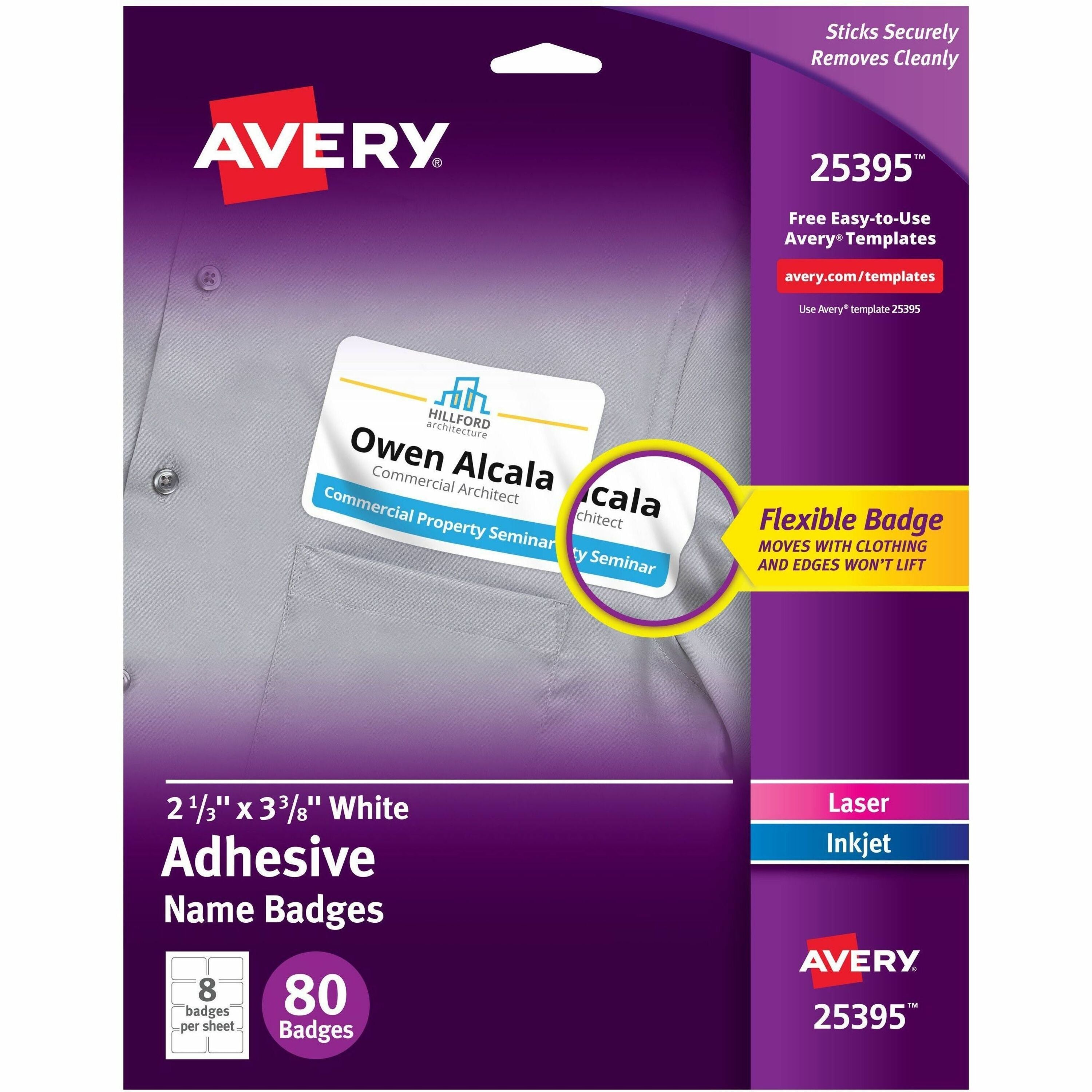 Avery Adhesive Name Badges, Matte White, Removable, Rectangle, 2 21/64" x 3 3/8", Inkjet/Laser Compatible, 8/Sheet, 8 Sheets, 80 Labels/Box, 1 Carton