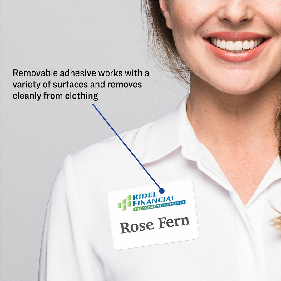 Avery Adhesive Name Badges, Matte White, Removable, Rectangle, 2 21/64" x 3 3/8", Inkjet/Laser Compatible, 8/Sheet, 8 Sheets, 80 Labels/Box, 1 Carton