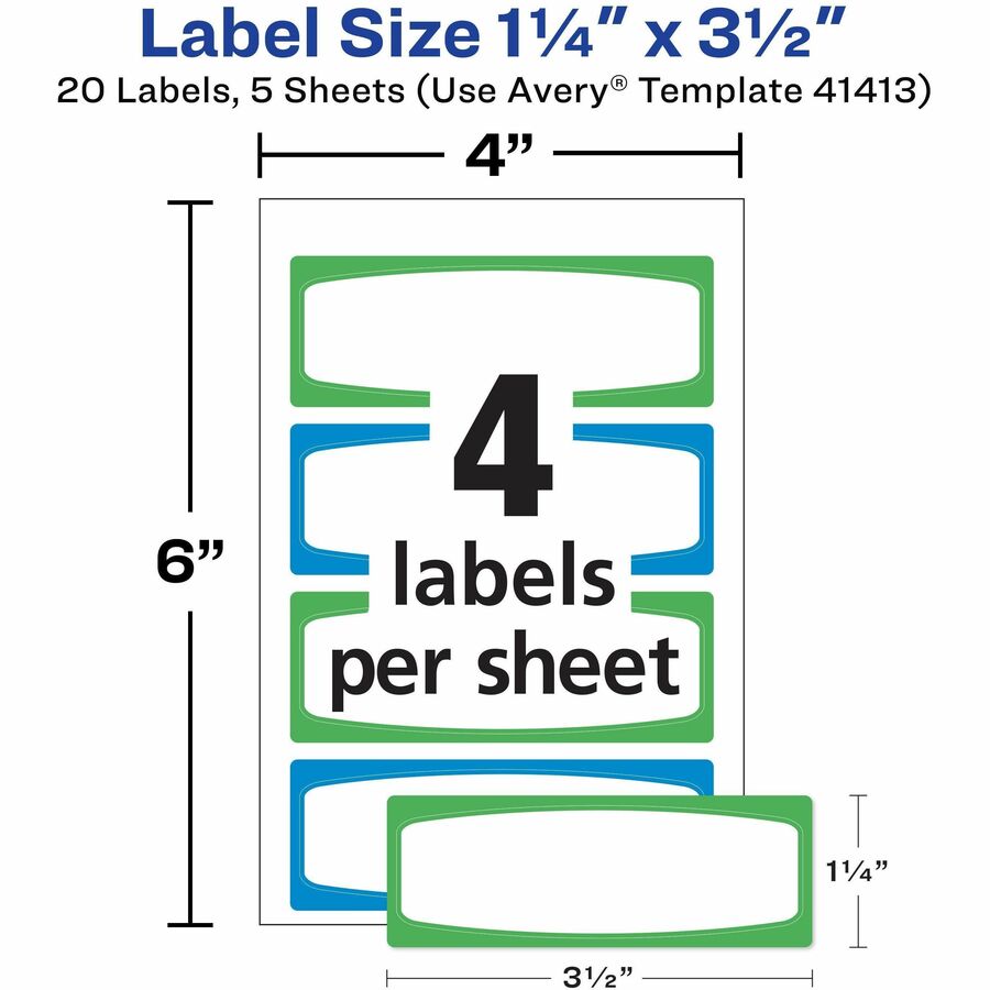Avery Kids Gear Durable Labels, 3-1/2" x 1-1/4", Rectangle, Matte Finish, Blue & Green Borders, Permanent Adhesive, Water Resistant, 4 Labels/Sheet, 4 Sheets, 20 Labels/Carton
